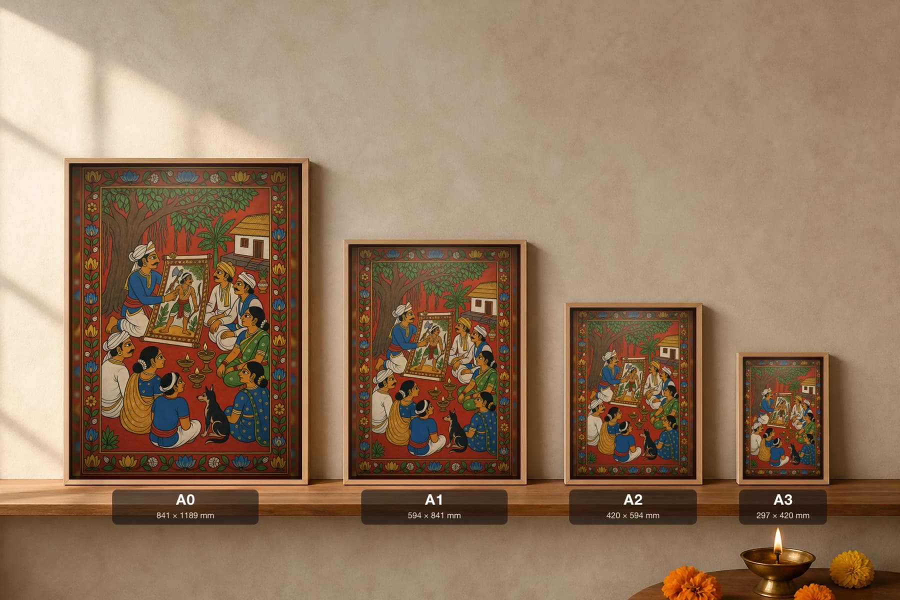 Komaram Bheem Katha Cheriyal Fusion Print — A Village Bard Telling the Gond Hero's Story from a Painted Scroll, Nakashi Folk Grammar on a Vermilion Ground — print size guide showing the artwork at A0, A1, A2 and A3 in natural-oak frames at true relative scale