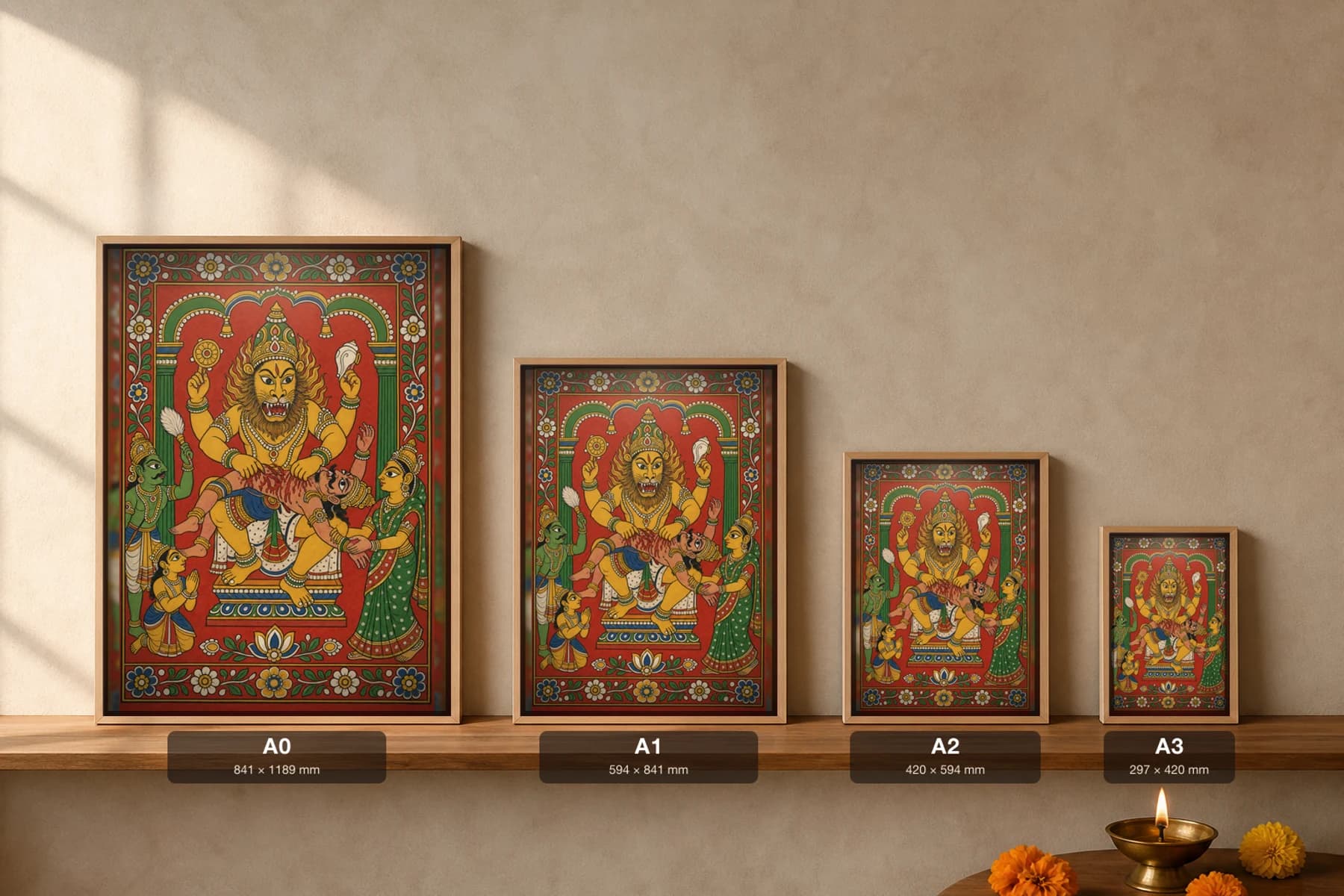 Lakshmi Narasimha Cheriyal Scroll Print — The Man-Lion Avatar Slaying Hiranyakashipu at the Threshold, Nakashi Folk Grammar on a Vermilion Ground — print size guide showing the artwork at A0, A1, A2 and A3 in natural-oak frames at true relative scale