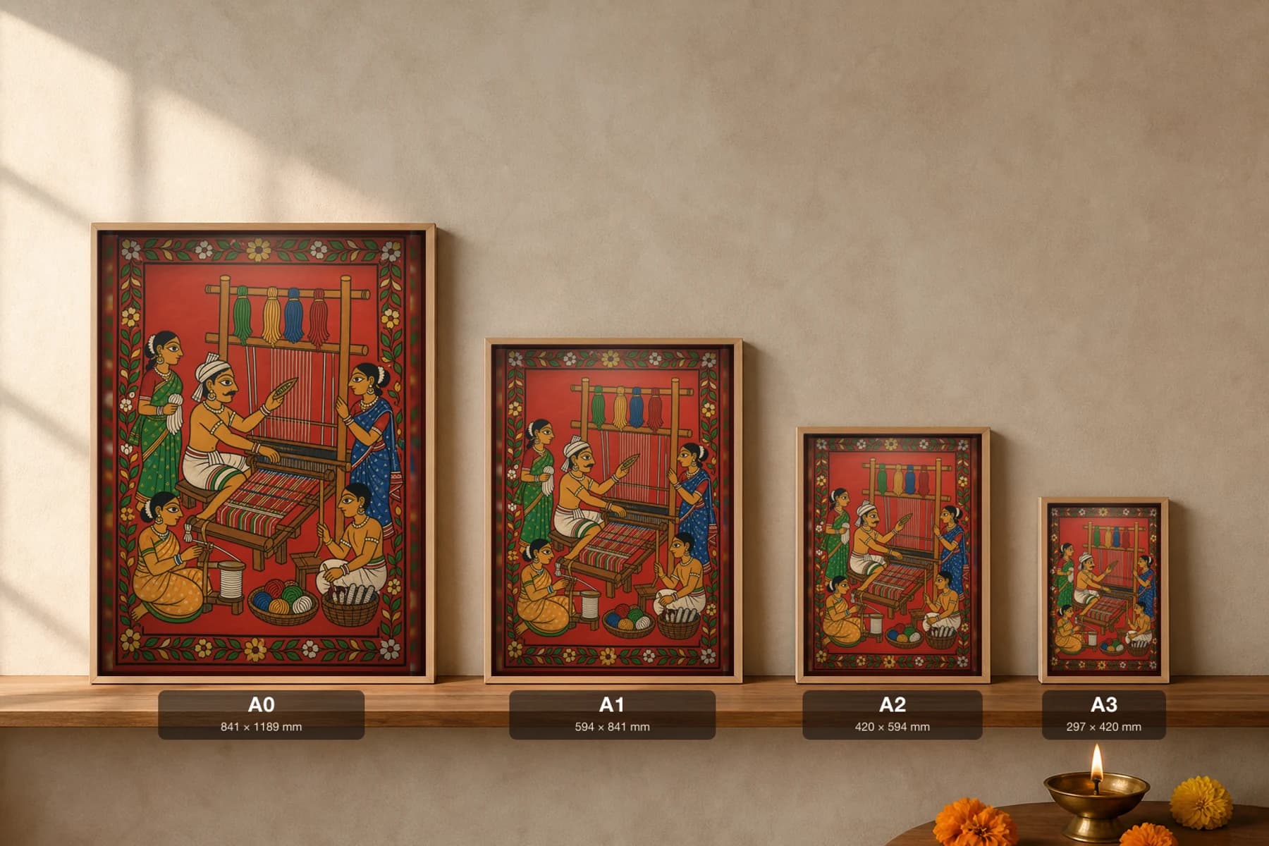 Padmasali Weaver Cheriyal Print — the handloom family threading a striped warp · collector edition on vermilion ground · Nakashi scroll grammar from Telangana — print size guide showing the artwork at A0, A1, A2 and A3 in natural-oak frames at true relative scale