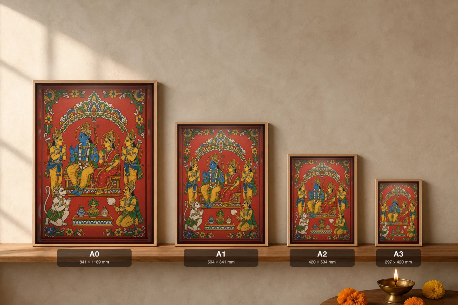 Rama Pattabhisheka Cheriyal Print — the coronation of Rama and Sita enthroned with Hanuman at their feet · collector edition on vermilion ground · Nakashi scroll grammar from Telangana — print size guide showing the artwork at A0, A1, A2 and A3 in natural-oak frames at true relative scale
