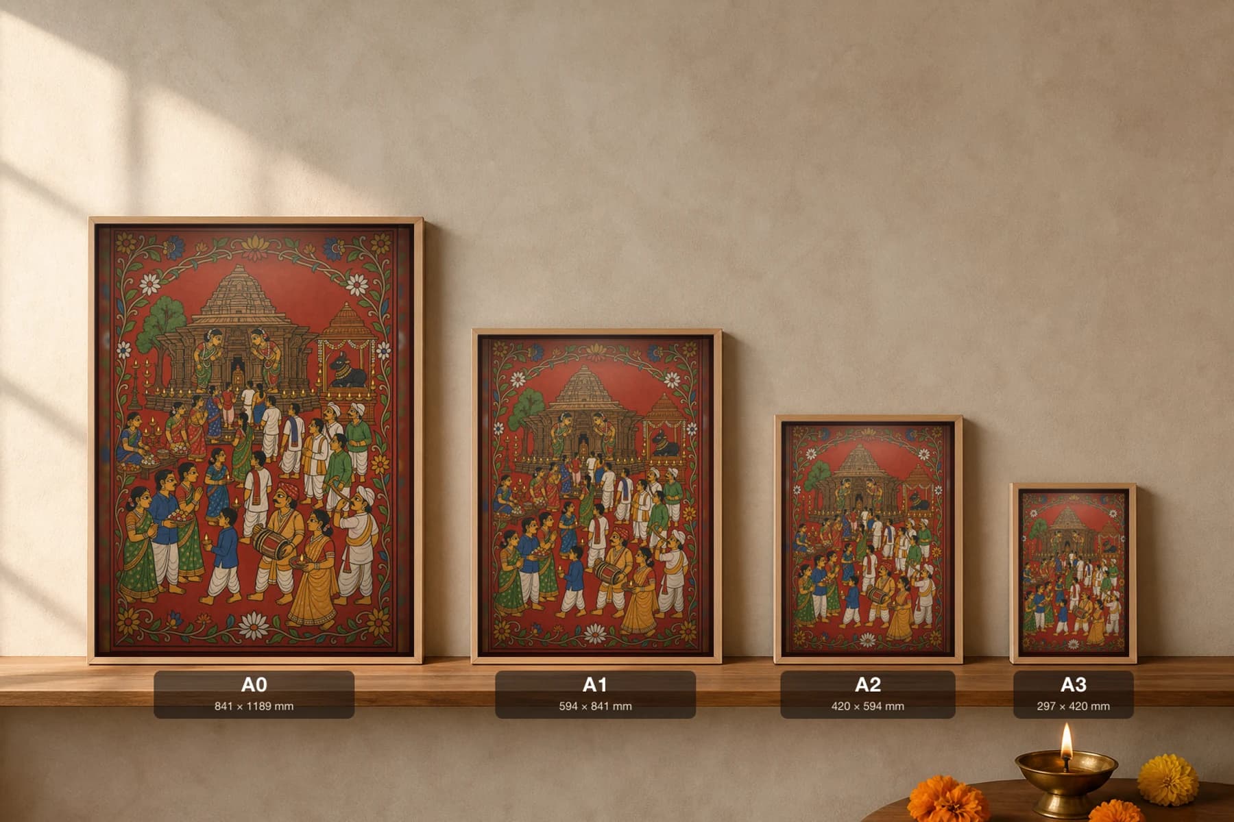 Ramappa Temple Festival Cheriyal Print — lamp-lit devotees before the Kakatiya stone temple and Nandi shrine · collector edition on vermilion ground · Nakashi scroll grammar from Telangana — print size guide showing the artwork at A0, A1, A2 and A3 in natural-oak frames at true relative scale