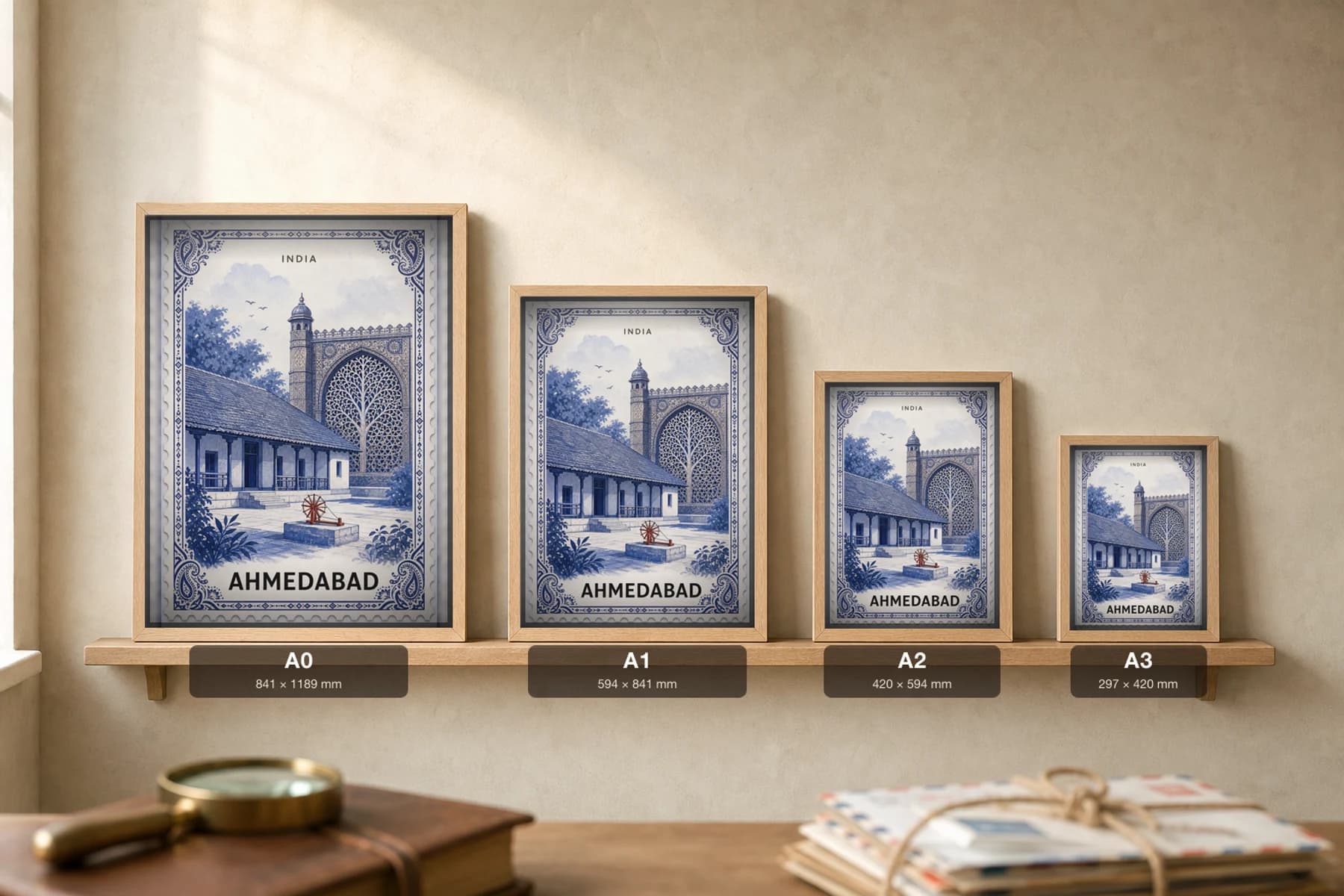 Ahmedabad City Stamp Poster — India travel wall art · illustrated stamp print · framed A2 — print size guide showing the artwork at A0, A1, A2 and A3 in natural-oak frames at true relative scale