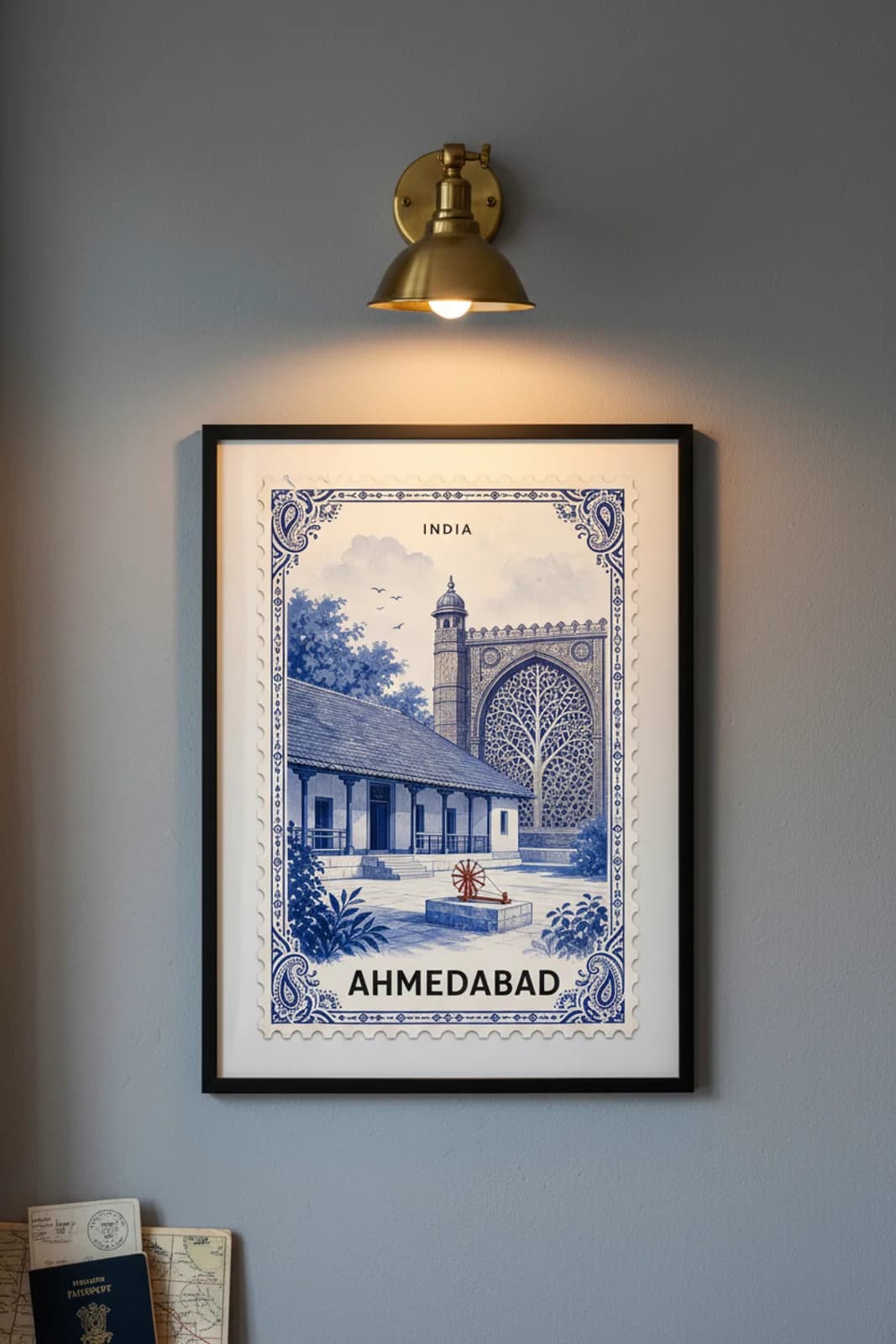 Ahmedabad city stamp print in black A2 frame on wcs-asia-3155 postage-indigo wall — City Stamps mockup