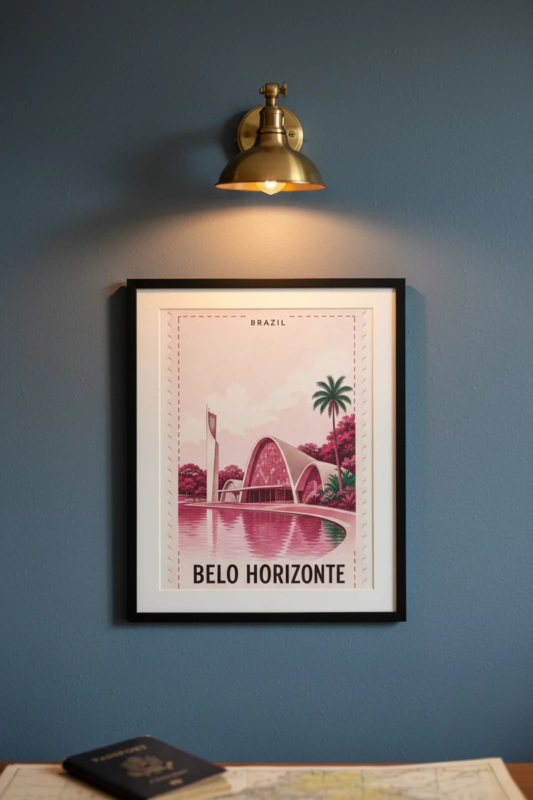 Belo Horizonte city stamp print in black A2 frame on wcs-americas-6452 postage-indigo wall — City Stamps mockup