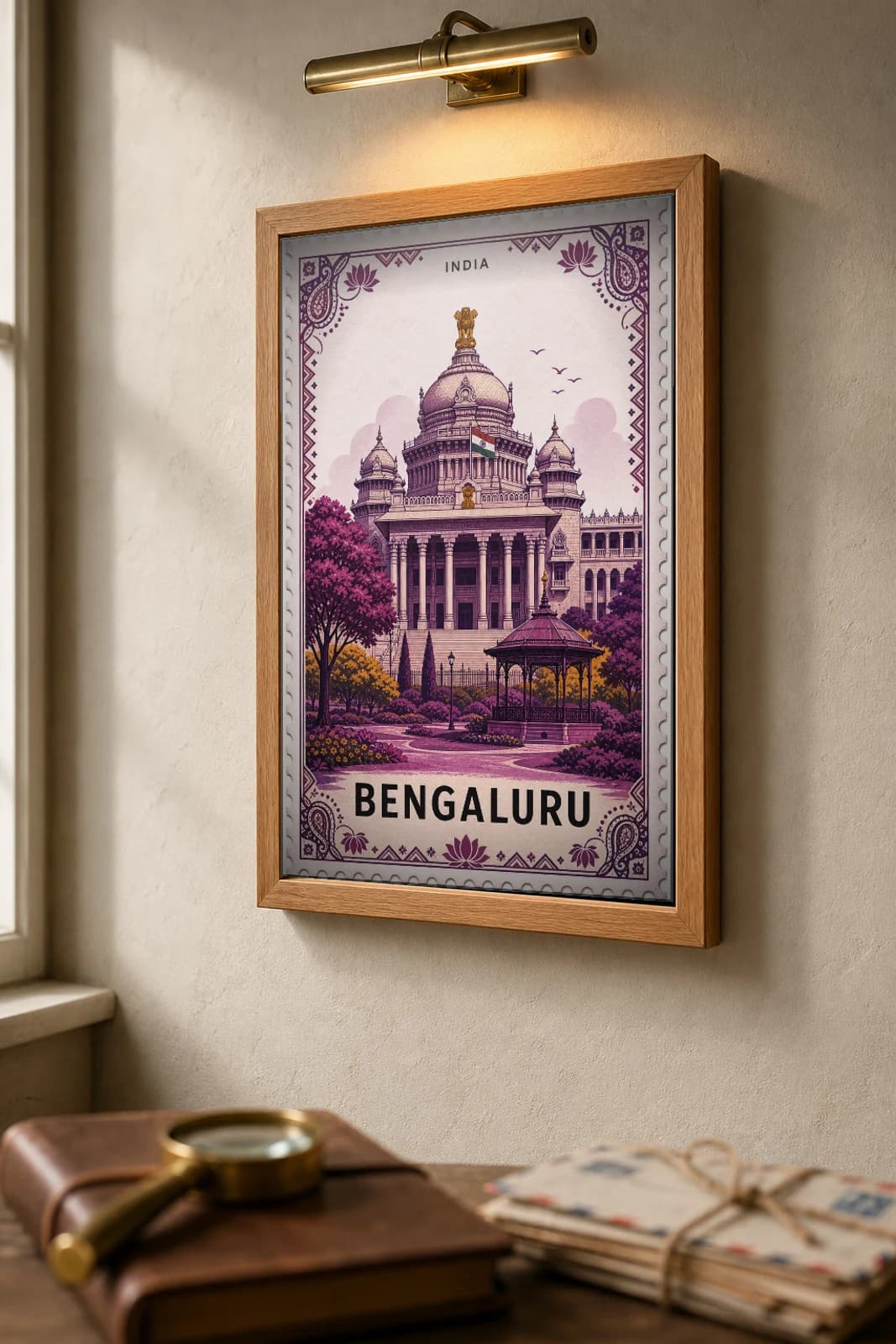 Bengaluru City Stamp Poster — India travel wall art · illustrated stamp print · framed A2 — the framed print shown at a three-quarter angle on a styled gallery wall in a natural-oak frame