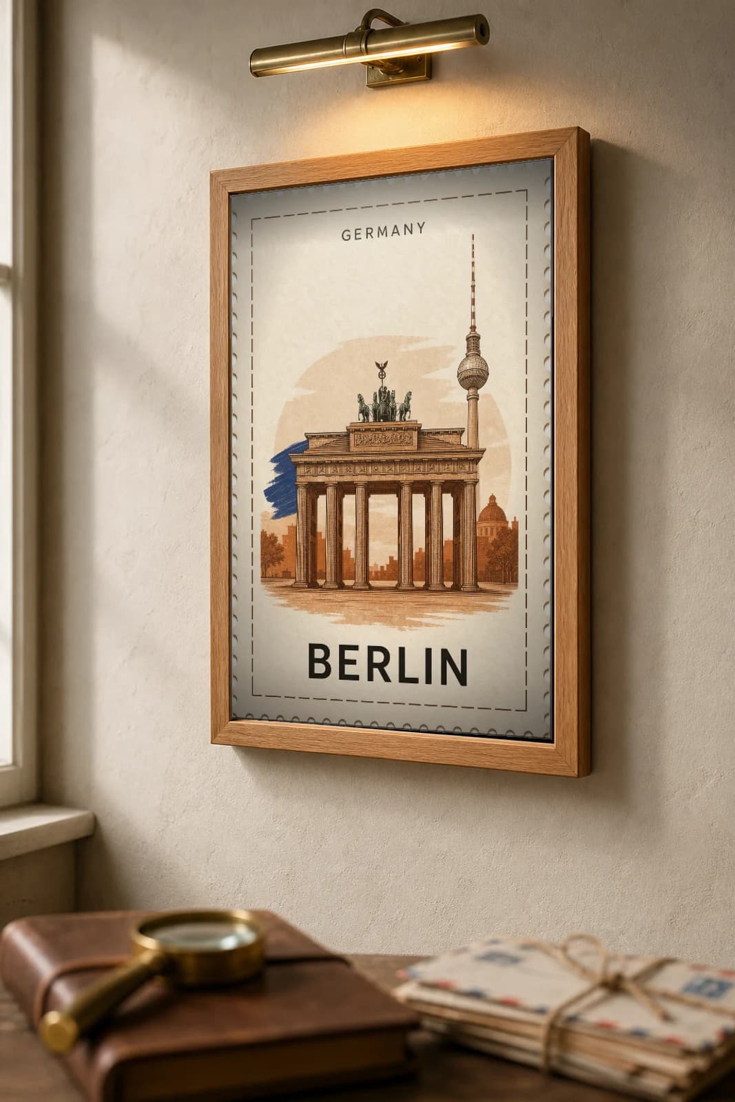 Berlin City Stamp Poster — Germany travel wall art · illustrated stamp print · framed A2 — the framed print shown at a three-quarter angle on a styled gallery wall in a natural-oak frame