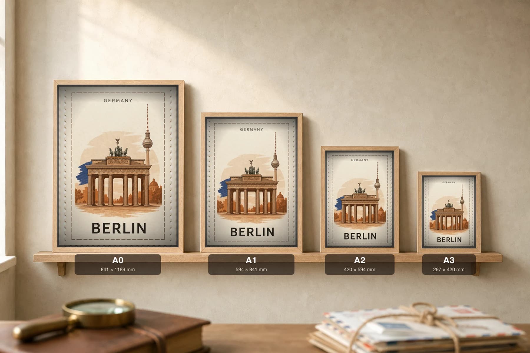 Berlin City Stamp Poster — Germany travel wall art · illustrated stamp print · framed A2 — print size guide showing the artwork at A0, A1, A2 and A3 in natural-oak frames at true relative scale