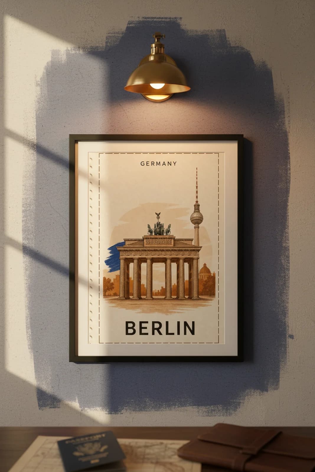 Berlin city stamp print in black A2 frame on wcs-europe-7438 postage-indigo wall — City Stamps mockup
