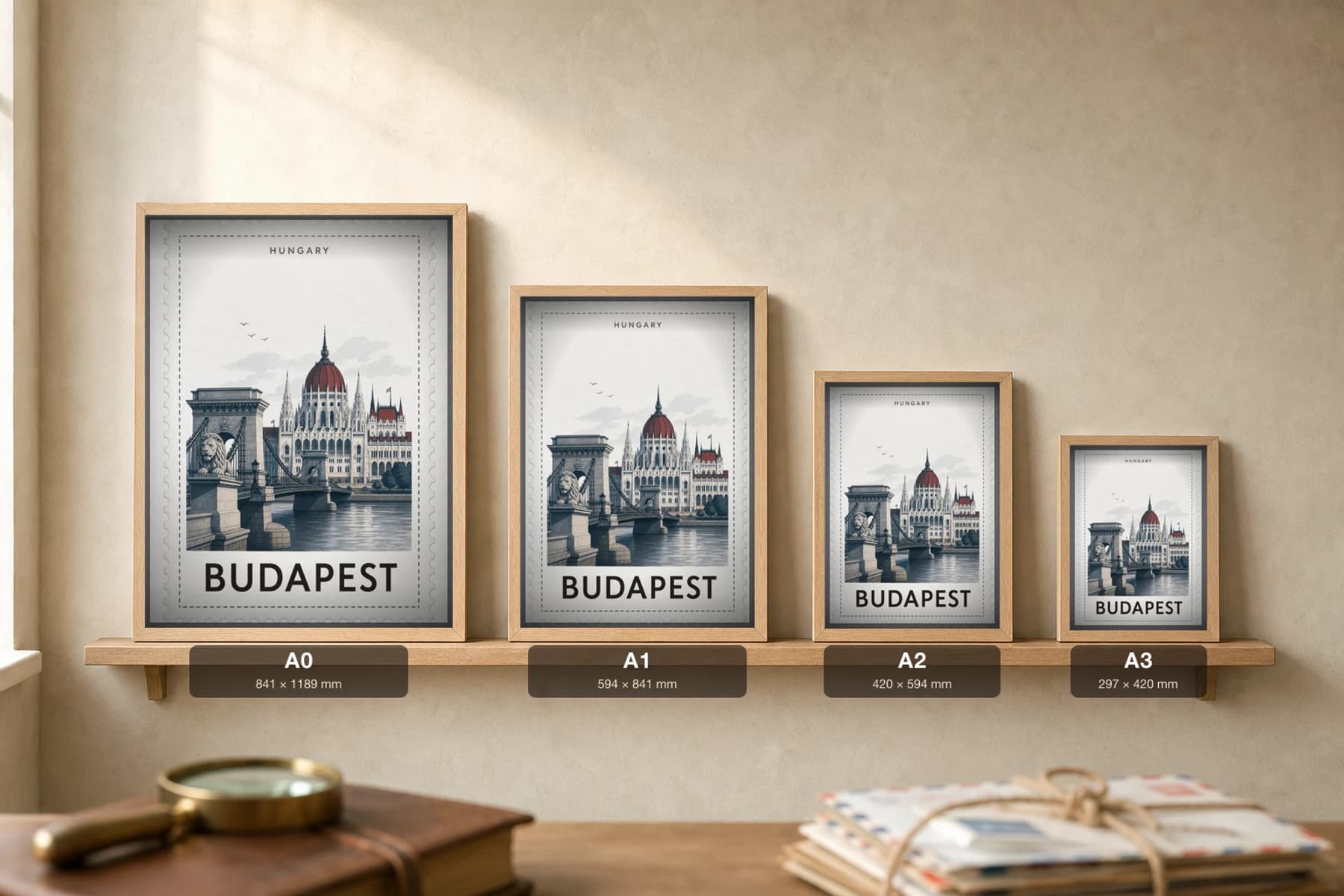 Budapest City Stamp Poster — Hungary travel wall art · illustrated stamp print · framed A2 — print size guide showing the artwork at A0, A1, A2 and A3 in natural-oak frames at true relative scale