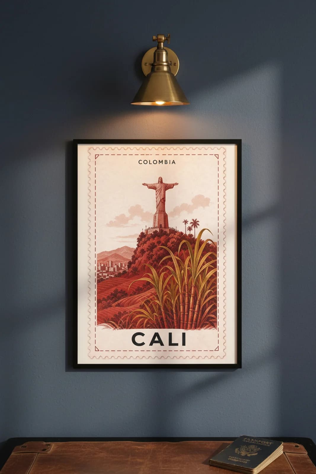 Cali city stamp print in black A2 frame on wcs-americas-3783 postage-indigo wall — City Stamps mockup