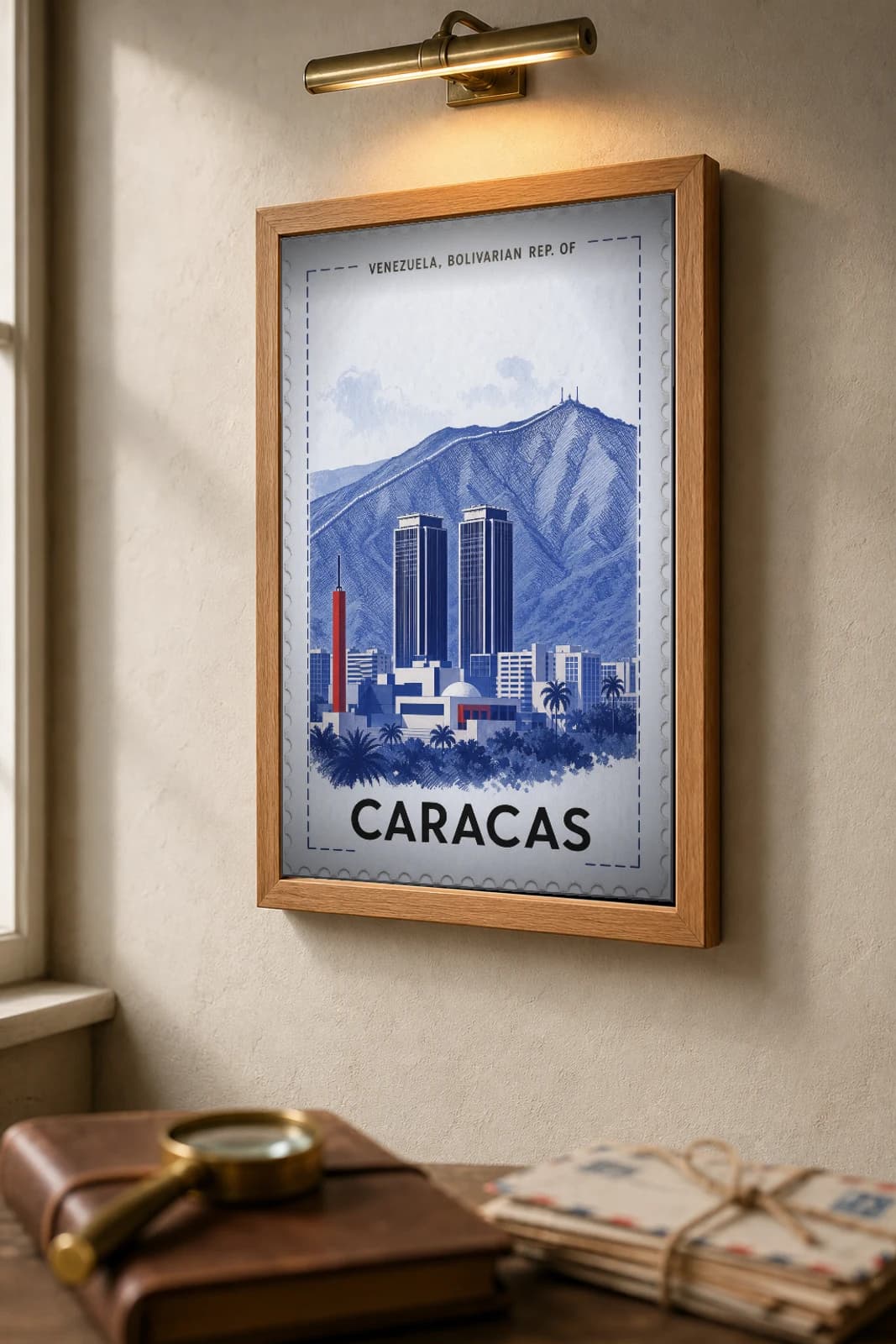 Caracas City Stamp Poster — Venezuela, Bolivarian Rep. of travel wall art · illustrated stamp print · framed A2 — the framed print shown at a three-quarter angle on a styled gallery wall in a natural-oak frame