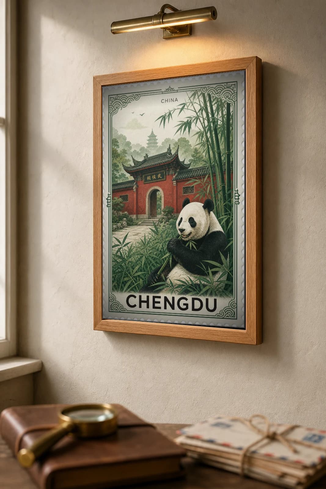 Chengdu City Stamp Poster — China travel wall art · illustrated stamp print · framed A2 — the framed print shown at a three-quarter angle on a styled gallery wall in a natural-oak frame