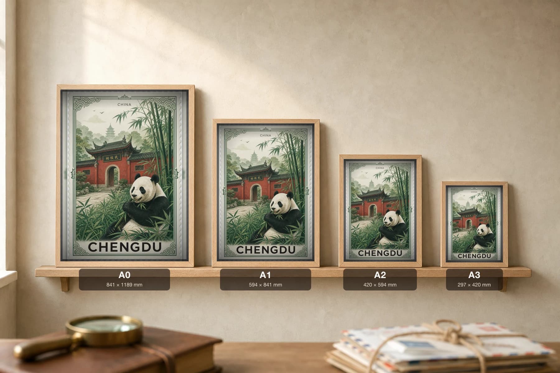 Chengdu City Stamp Poster — China travel wall art · illustrated stamp print · framed A2 — print size guide showing the artwork at A0, A1, A2 and A3 in natural-oak frames at true relative scale