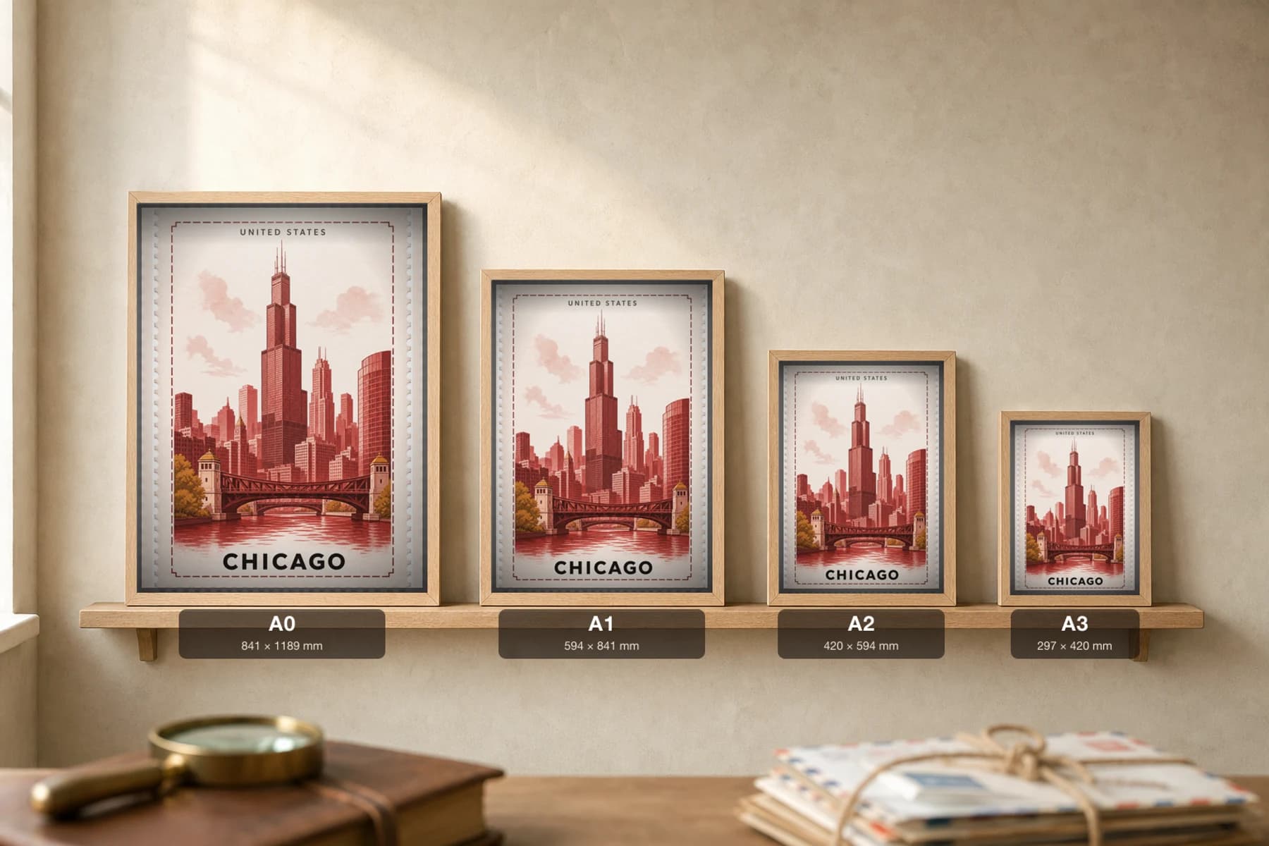 Chicago City Stamp Poster — United States travel wall art · illustrated stamp print · framed A2 — print size guide showing the artwork at A0, A1, A2 and A3 in natural-oak frames at true relative scale