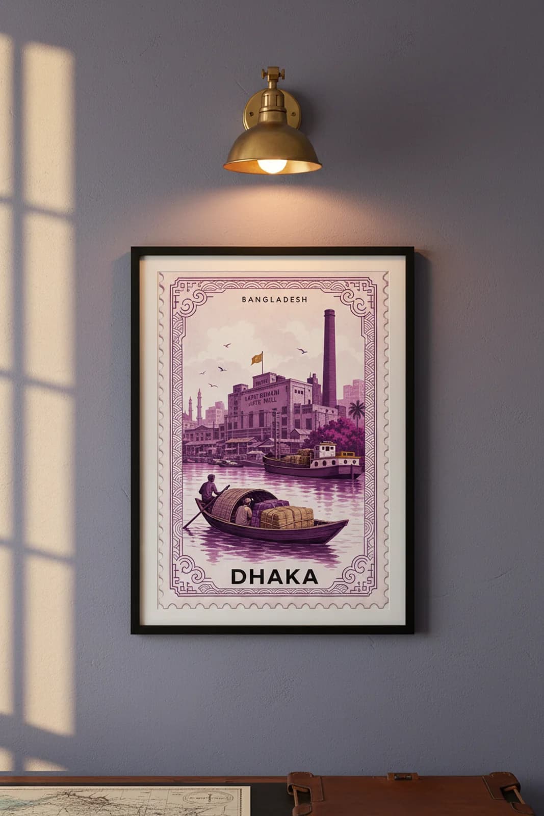 Dhaka city stamp print in black A2 frame on wcs-asia-9201 postage-indigo wall — City Stamps mockup