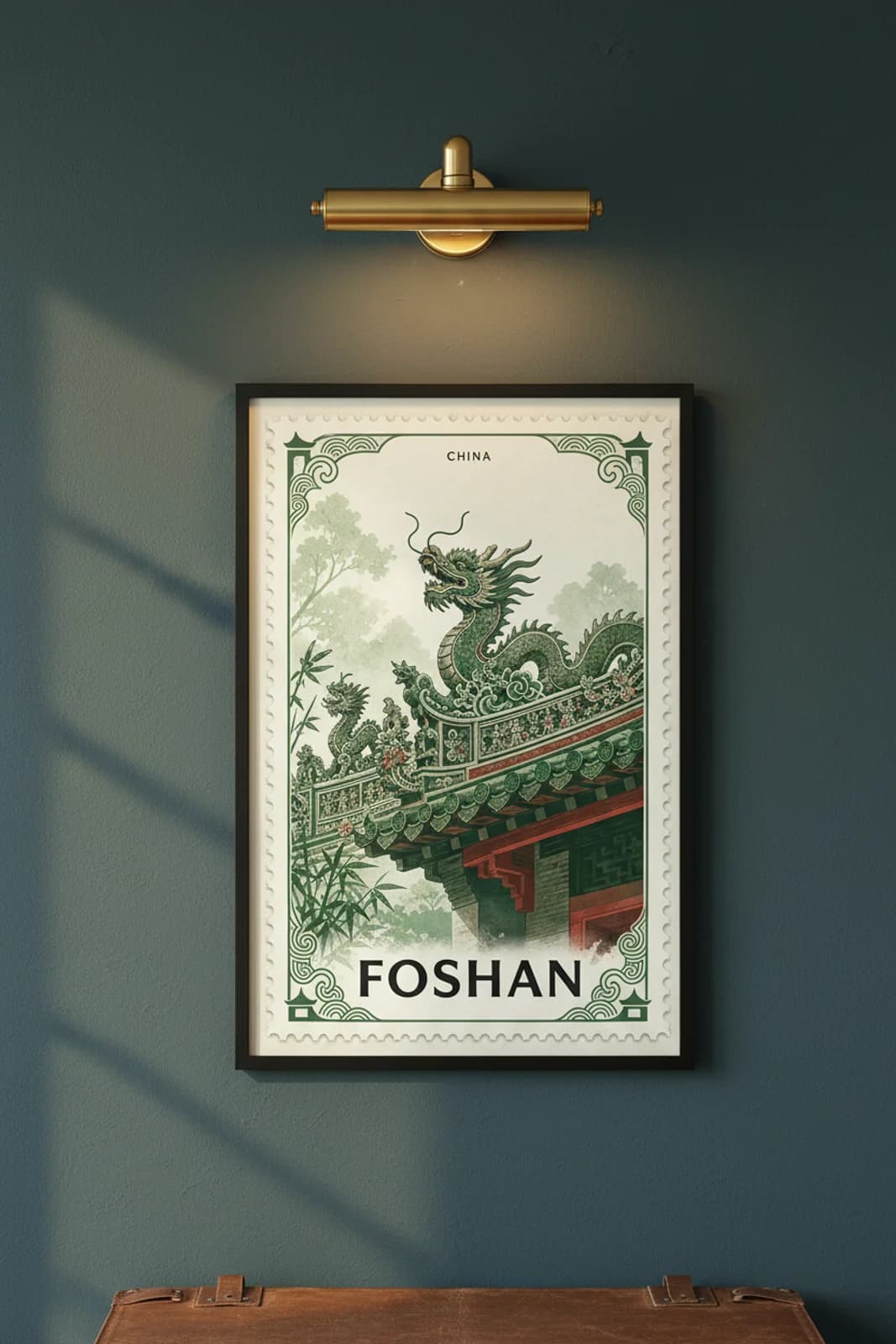 Foshan city stamp print in black A2 frame on wcs-asia-2437 postage-indigo wall — City Stamps mockup
