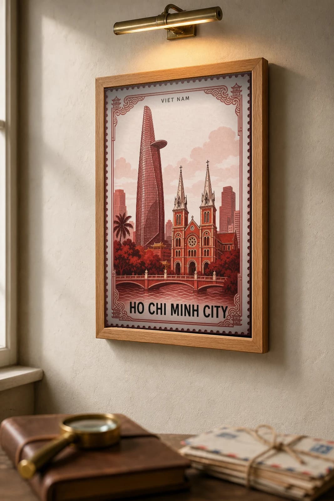 Ho Chi Minh City City Stamp Poster — Viet Nam travel wall art · illustrated stamp print · framed A2 — the framed print shown at a three-quarter angle on a styled gallery wall in a natural-oak frame
