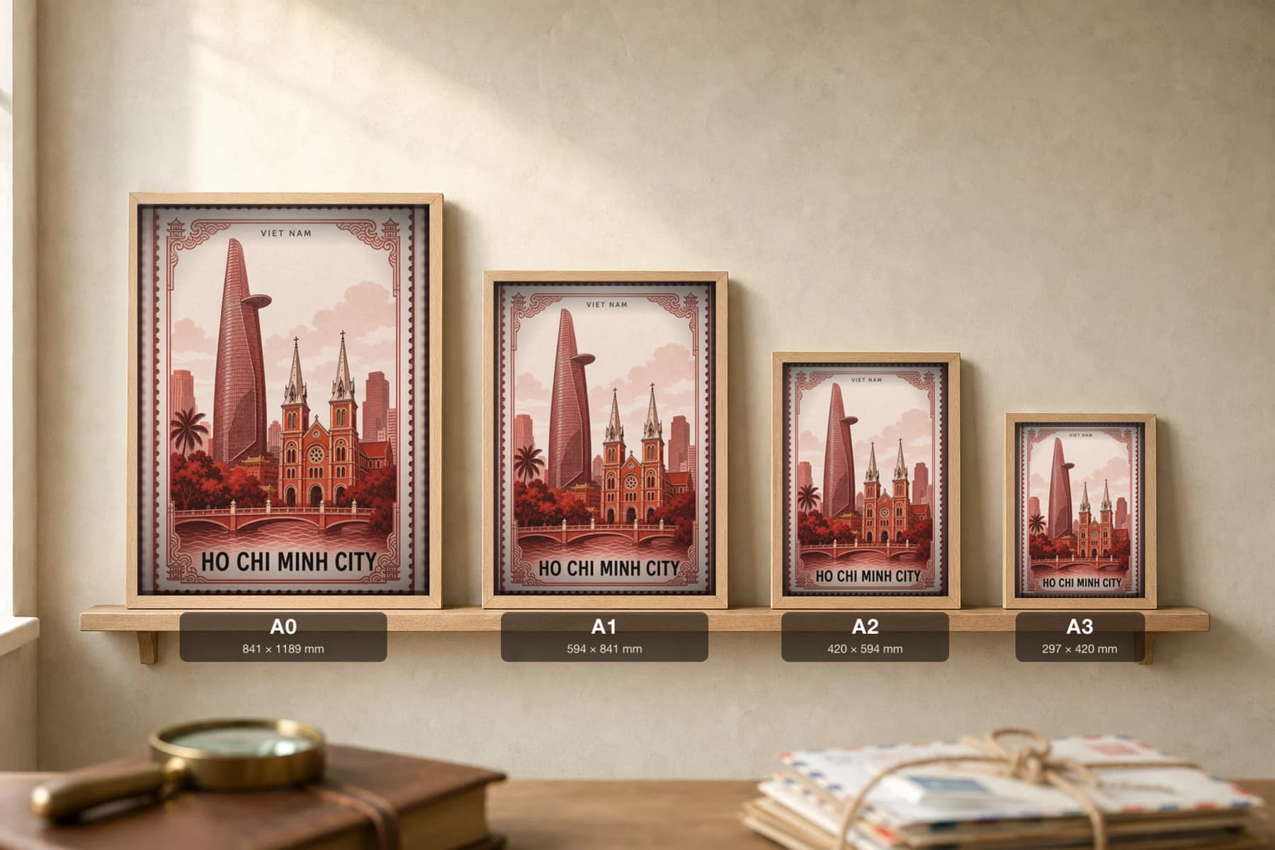 Ho Chi Minh City City Stamp Poster — Viet Nam travel wall art · illustrated stamp print · framed A2 — print size guide showing the artwork at A0, A1, A2 and A3 in natural-oak frames at true relative scale