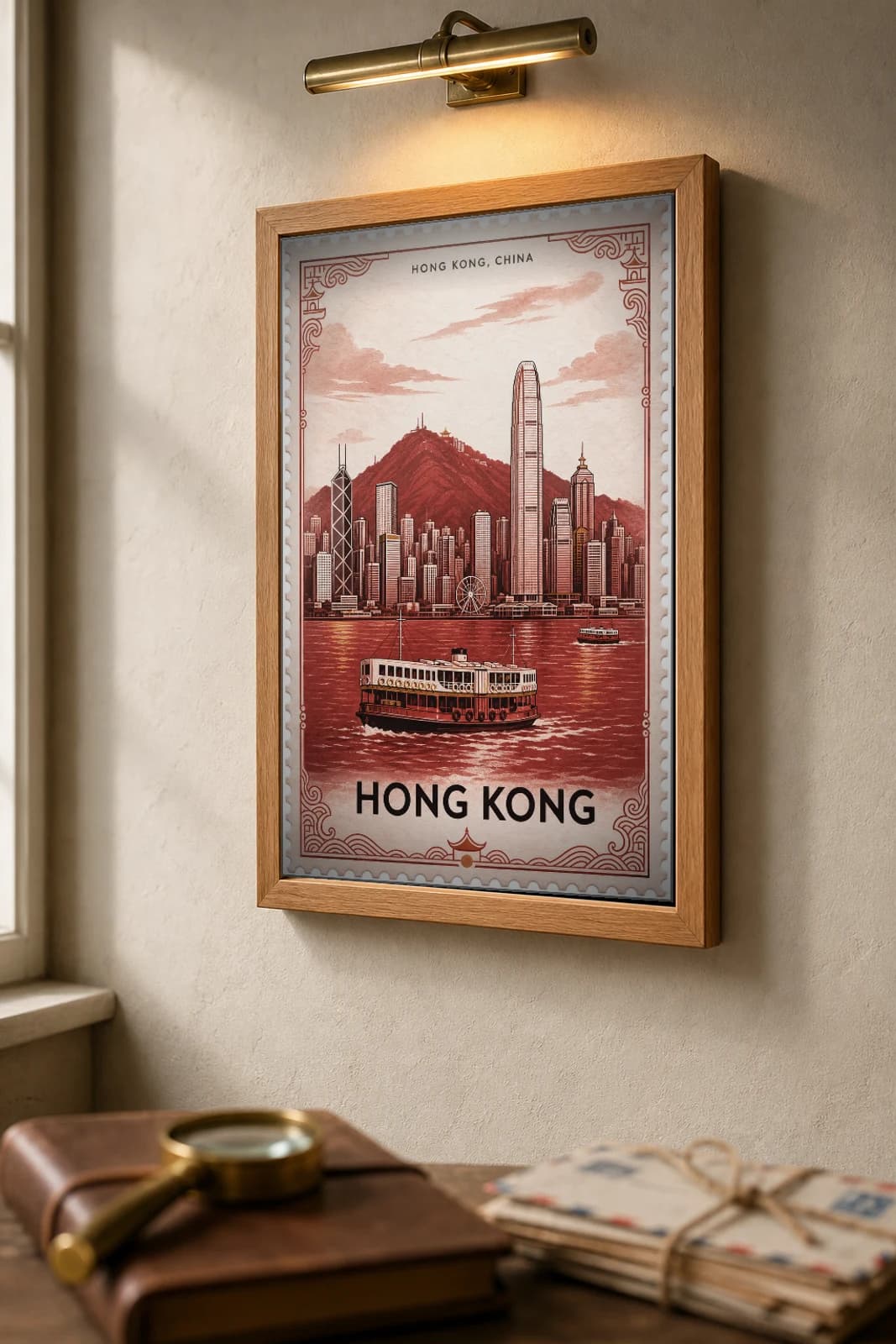 Hong Kong City Stamp Poster — Hong Kong, China travel wall art · illustrated stamp print · framed A2 — the framed print shown at a three-quarter angle on a styled gallery wall in a natural-oak frame
