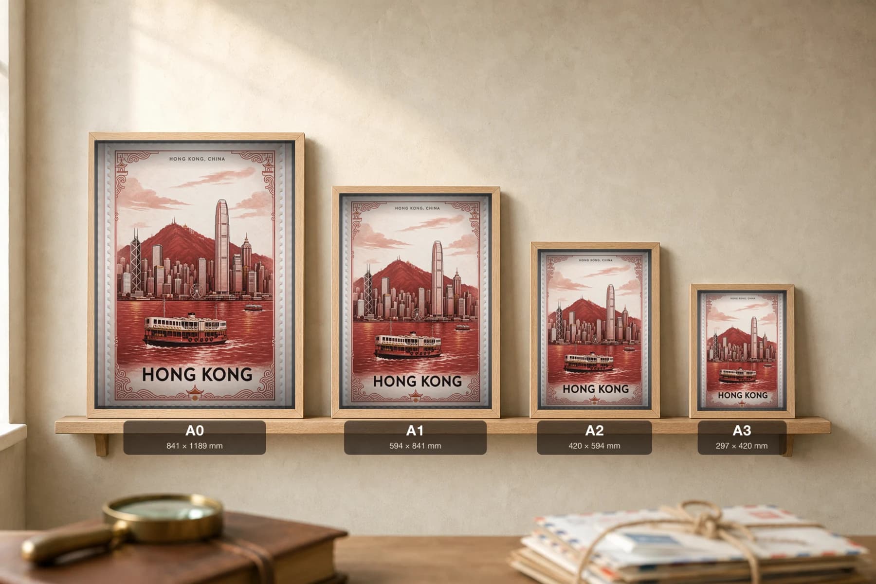 Hong Kong City Stamp Poster — Hong Kong, China travel wall art · illustrated stamp print · framed A2 — print size guide showing the artwork at A0, A1, A2 and A3 in natural-oak frames at true relative scale