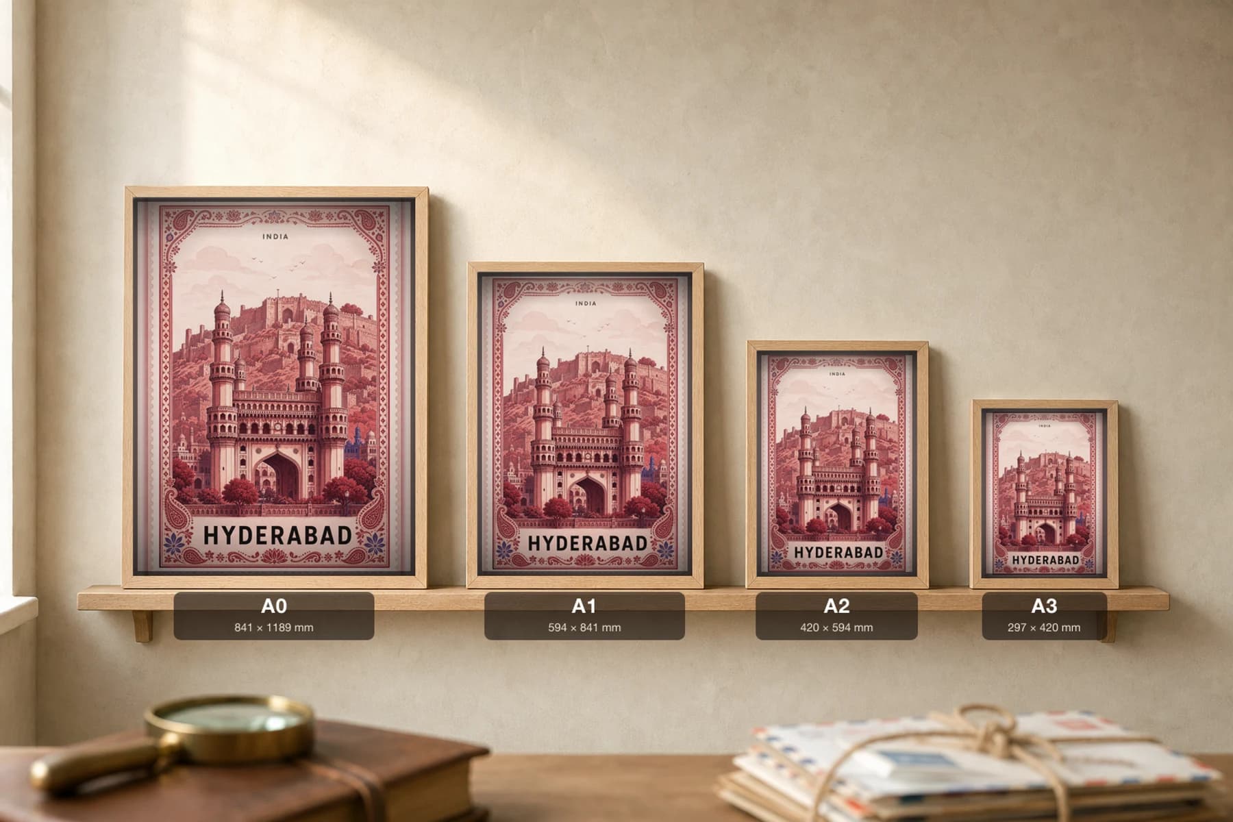 Hyderabad City Stamp Poster — India travel wall art · illustrated stamp print · framed A2 — print size guide showing the artwork at A0, A1, A2 and A3 in natural-oak frames at true relative scale