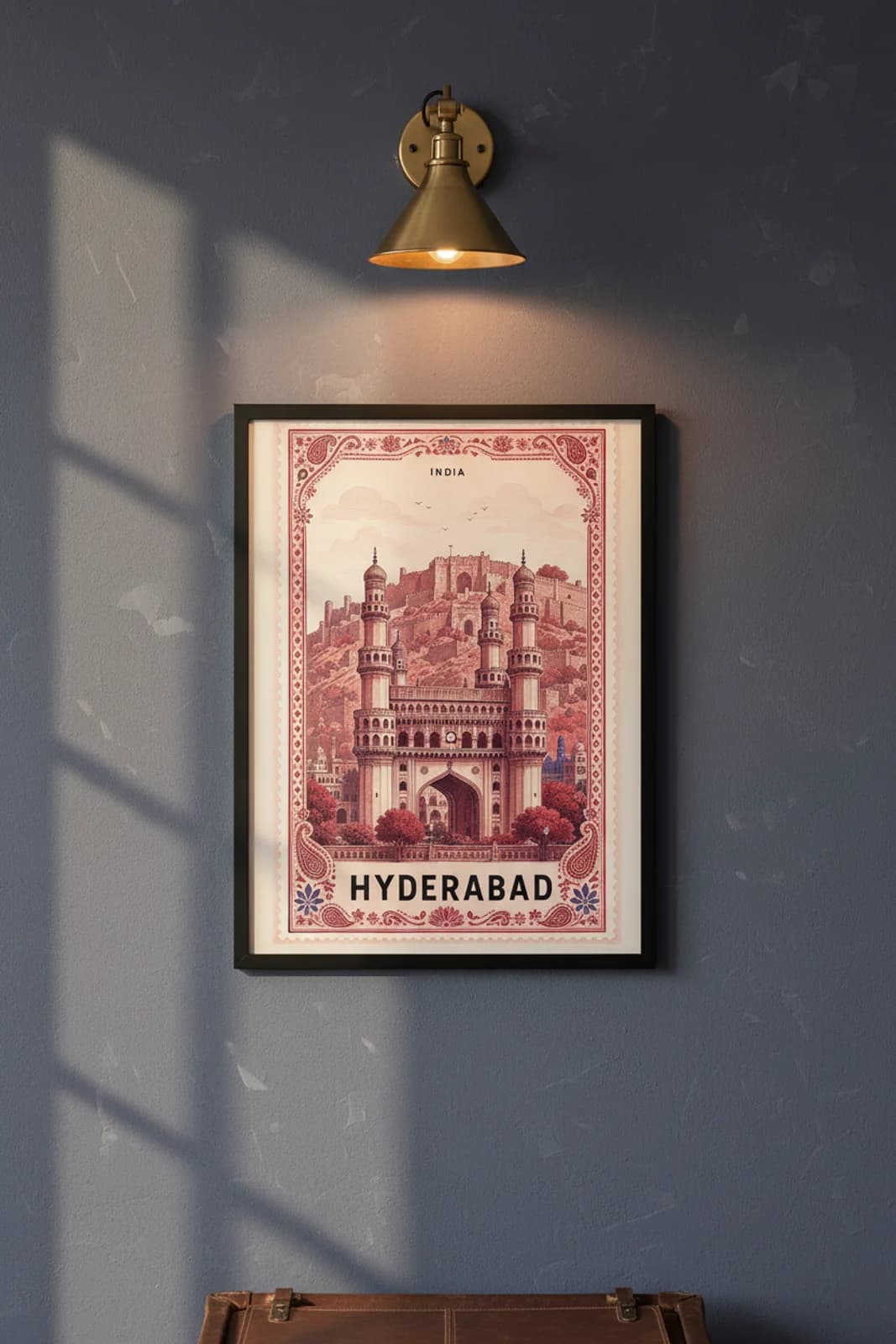 Hyderabad city stamp print in black A2 frame on wcs-asia-3715 postage-indigo wall — City Stamps mockup