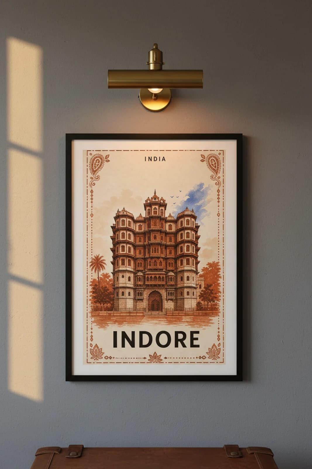 Indore city stamp print in black A2 frame on wcs-asia-5730 postage-indigo wall — City Stamps mockup