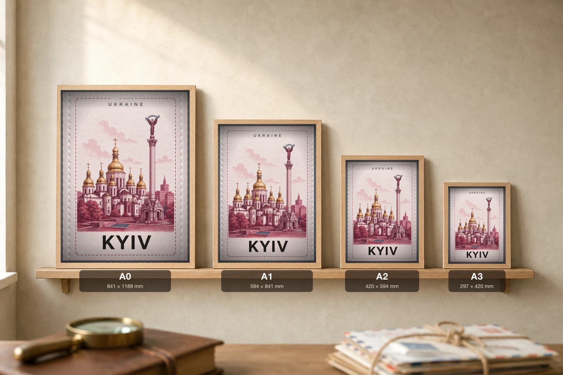 Kyiv City Stamp Poster — Ukraine travel wall art · illustrated stamp print · framed A2 — print size guide showing the artwork at A0, A1, A2 and A3 in natural-oak frames at true relative scale