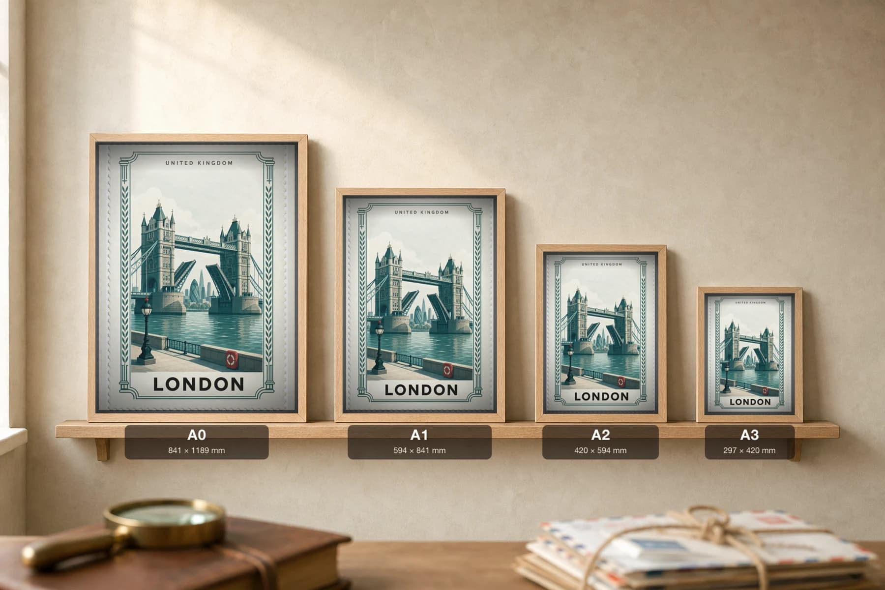 London City Stamp Poster — United Kingdom travel wall art · illustrated stamp print · framed A2 — print size guide showing the artwork at A0, A1, A2 and A3 in natural-oak frames at true relative scale