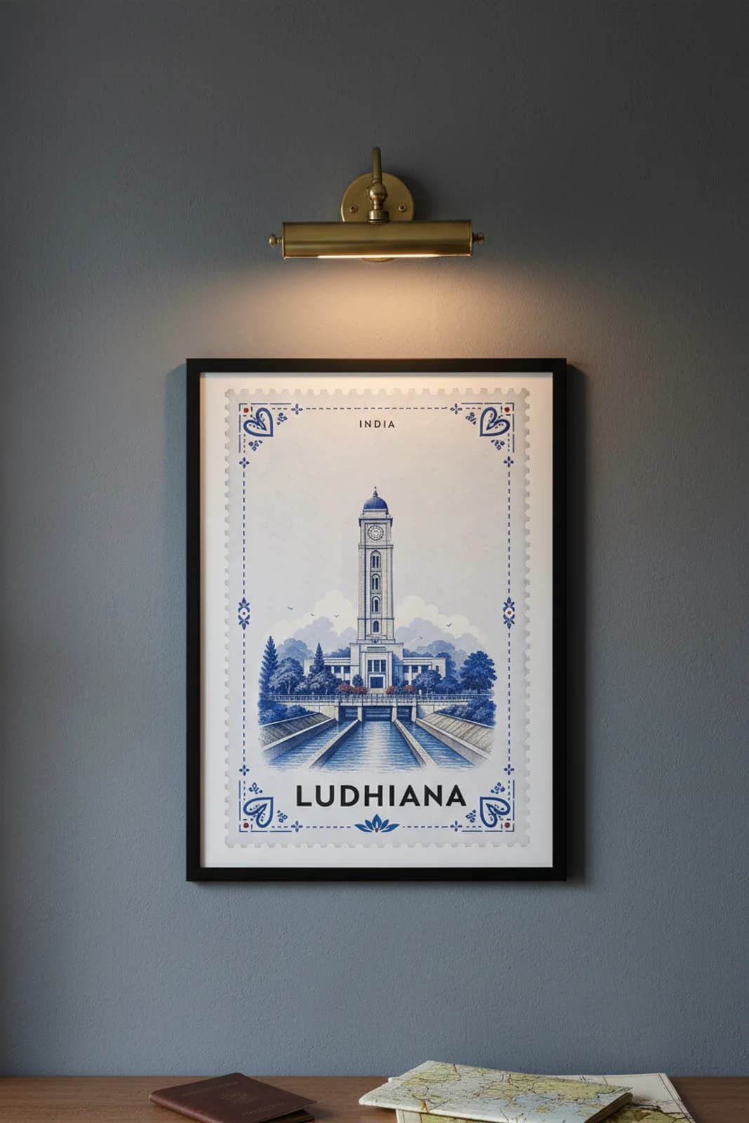 Ludhiana city stamp print in black A2 frame on wcs-asia-7001 postage-indigo wall — City Stamps mockup