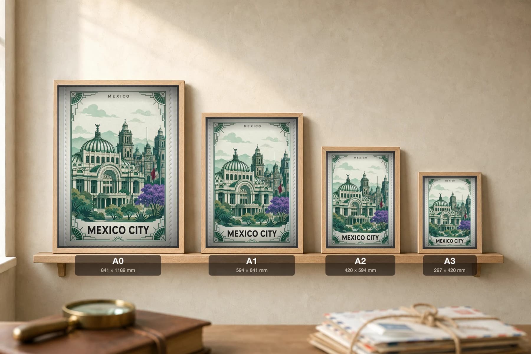 Mexico City City Stamp Poster — Mexico travel wall art · illustrated stamp print · framed A2 — print size guide showing the artwork at A0, A1, A2 and A3 in natural-oak frames at true relative scale