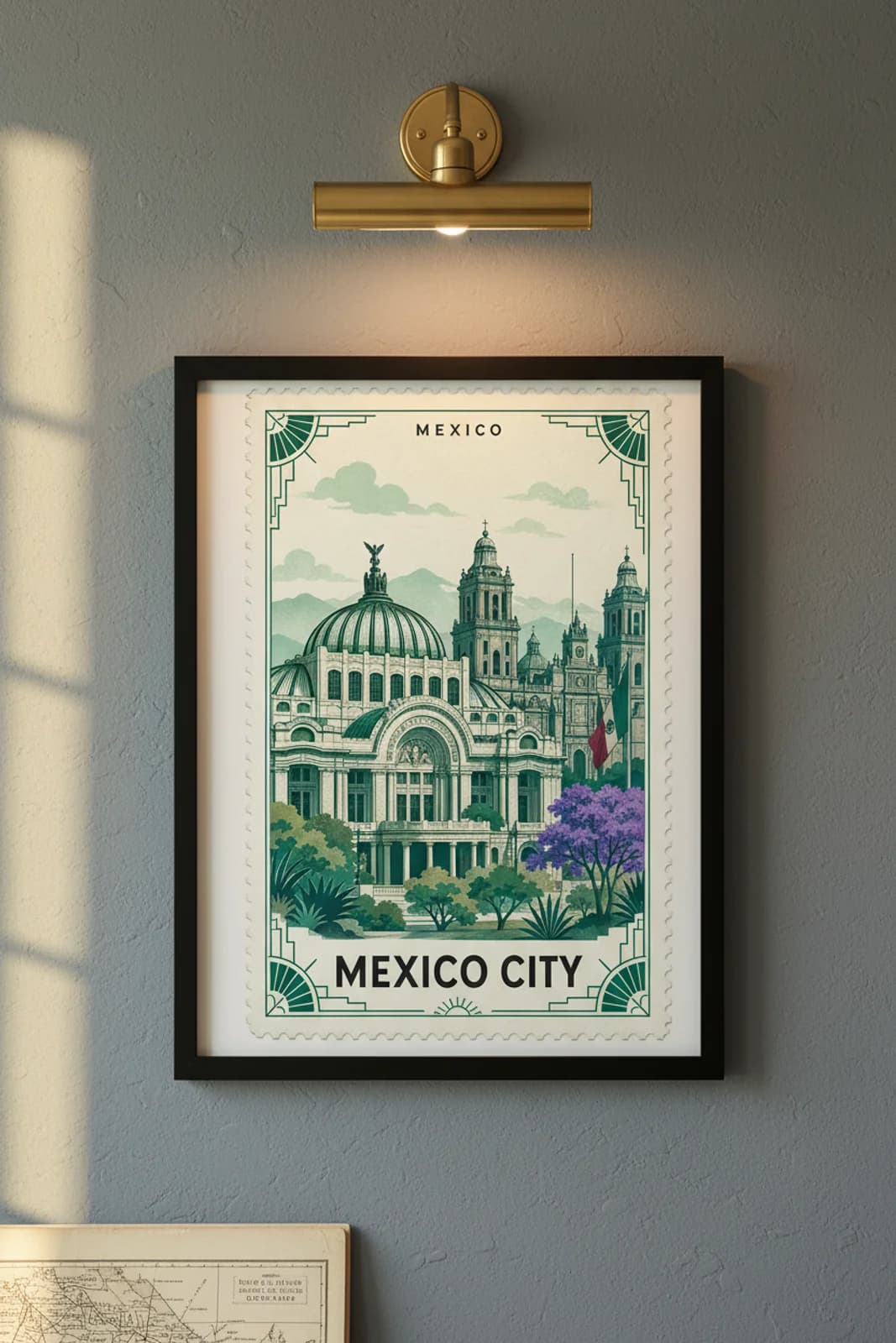 Mexico City city stamp print in black A2 frame on wcs-americas-3965 postage-indigo wall — City Stamps mockup