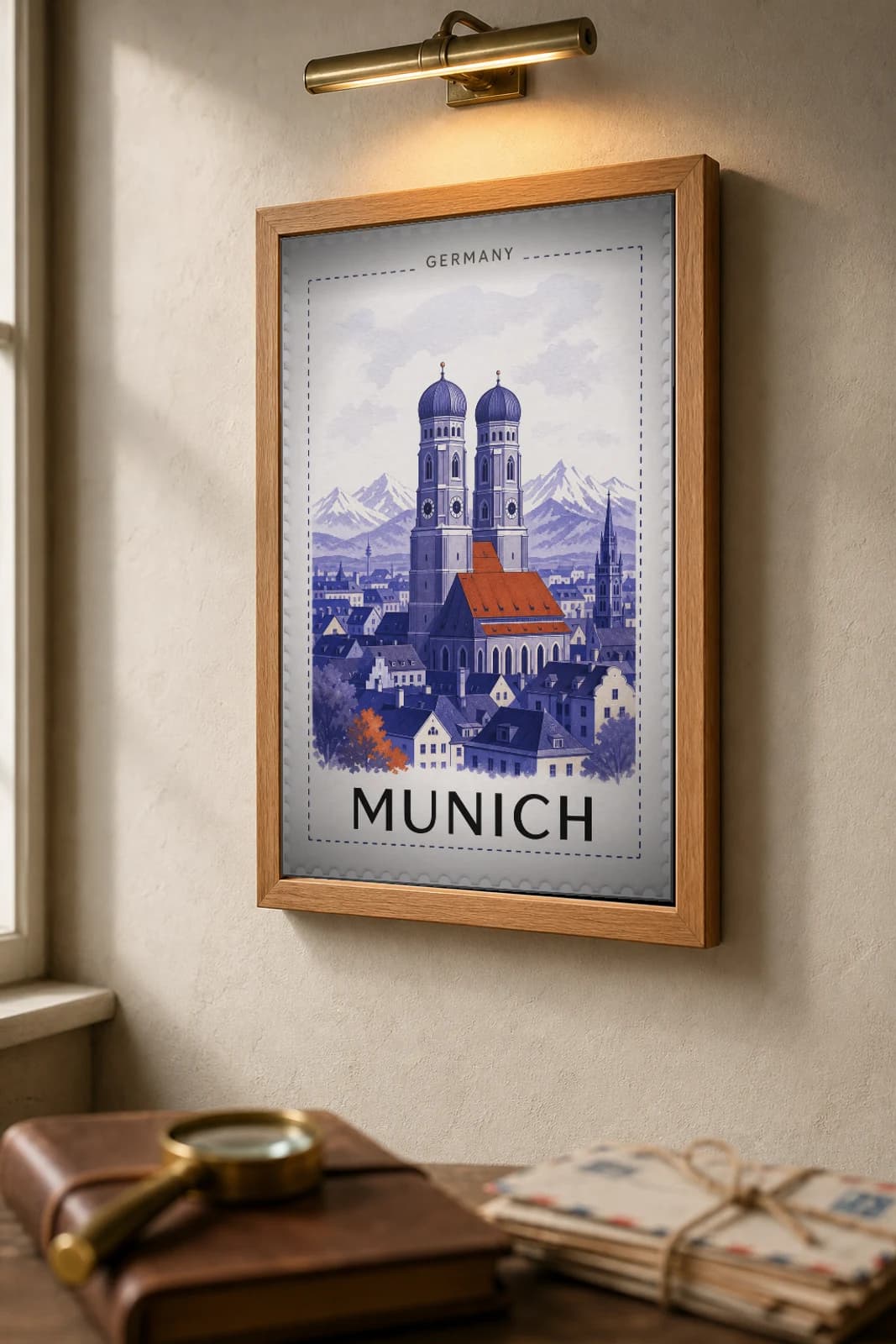 Munich City Stamp Poster — Germany travel wall art · illustrated stamp print · framed A2 — the framed print shown at a three-quarter angle on a styled gallery wall in a natural-oak frame