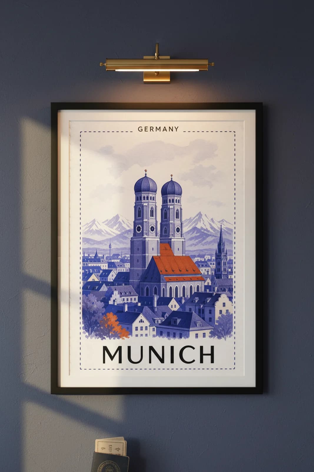 Munich city stamp print in black A2 frame on wcs-europe-8462 postage-indigo wall — City Stamps mockup