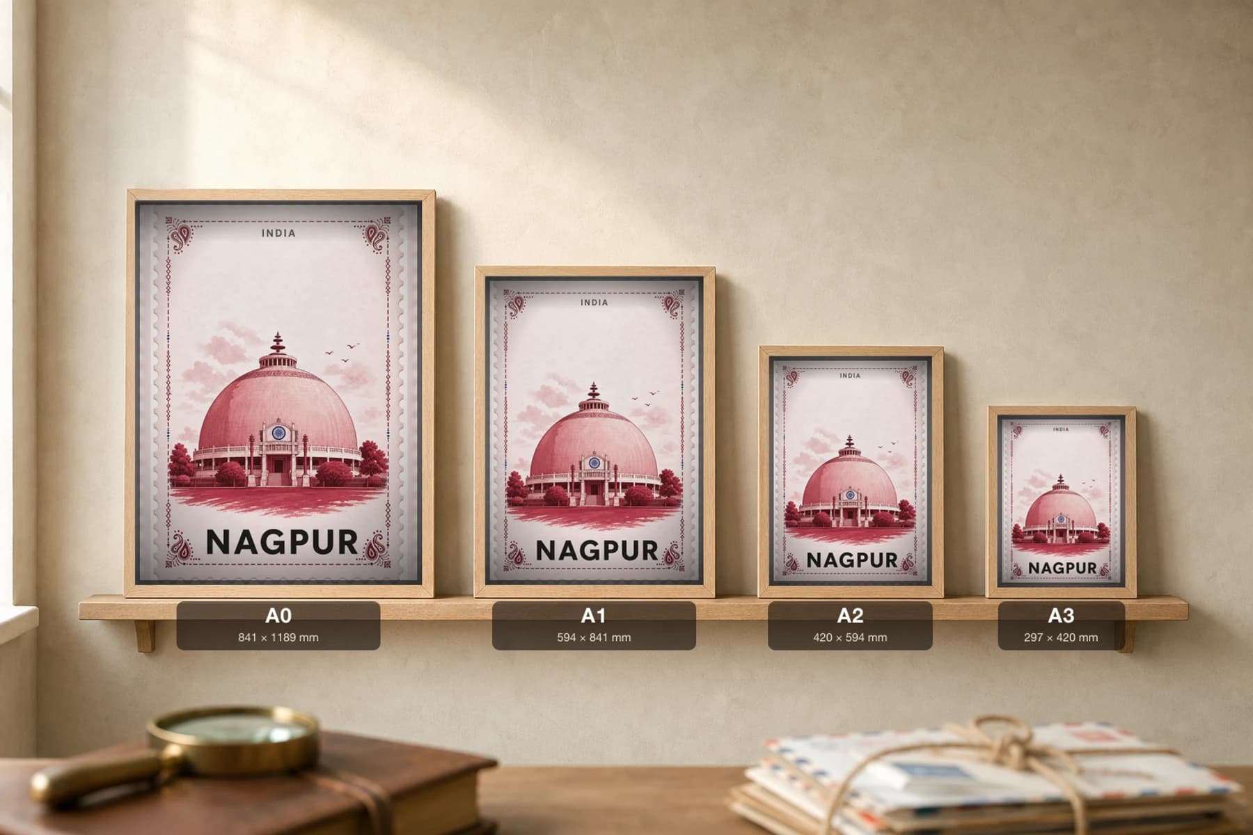 Nagpur City Stamp Poster — India travel wall art · illustrated stamp print · framed A2 — print size guide showing the artwork at A0, A1, A2 and A3 in natural-oak frames at true relative scale