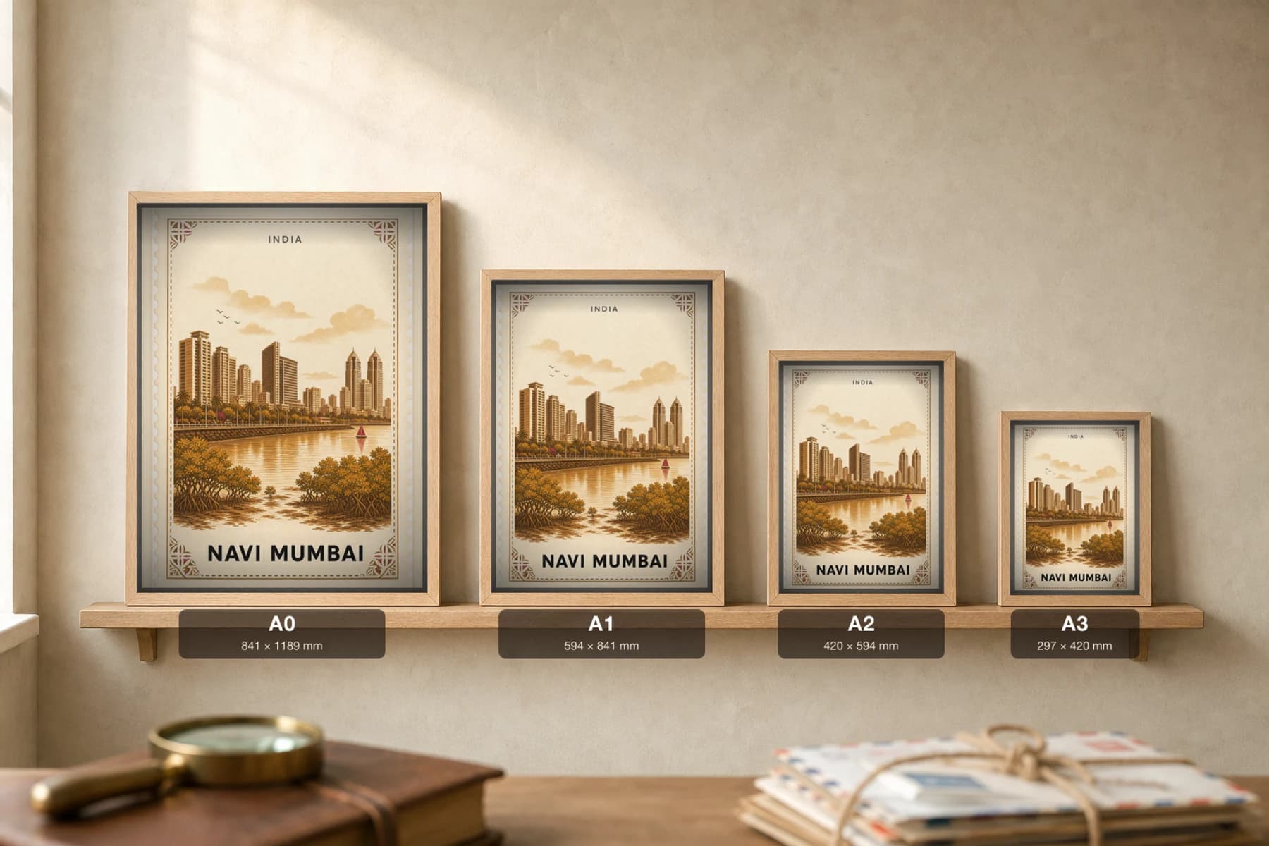 Navi Mumbai City Stamp Poster — India travel wall art · illustrated stamp print · framed A2 — print size guide showing the artwork at A0, A1, A2 and A3 in natural-oak frames at true relative scale