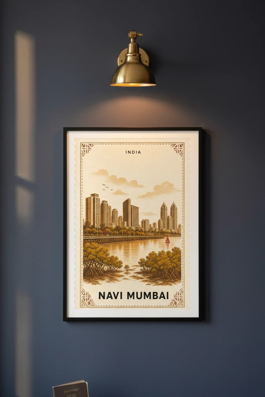 Navi Mumbai city stamp print in black A2 frame on wcs-asia-3178 postage-indigo wall — City Stamps mockup