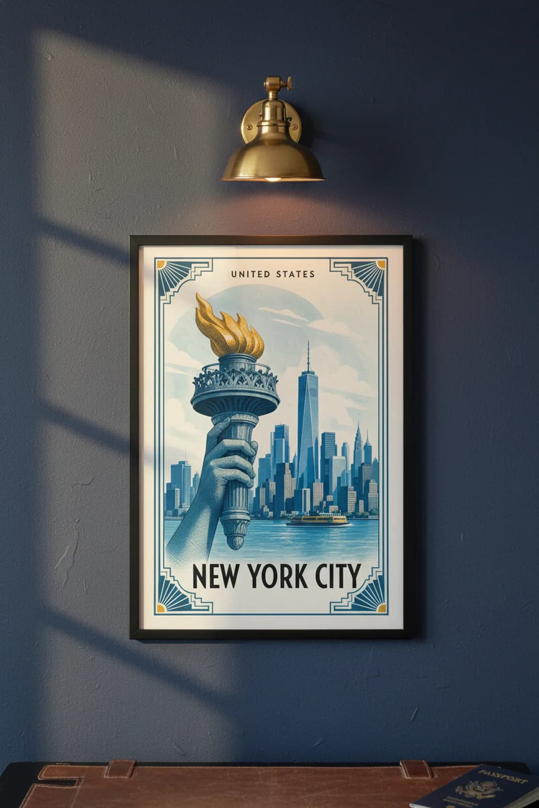 New York City city stamp print in black A2 frame on wcs-americas-8540 postage-indigo wall — City Stamps mockup