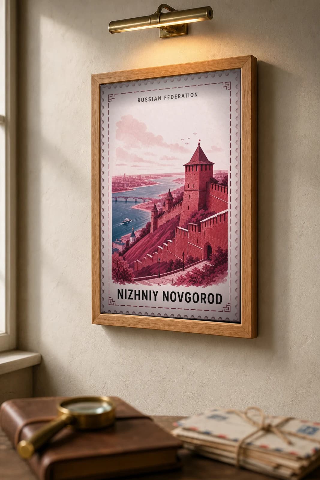 Nizhniy Novgorod City Stamp Poster — Russian Federation travel wall art · illustrated stamp print · framed A2 — the framed print shown at a three-quarter angle on a styled gallery wall in a natural-oak frame