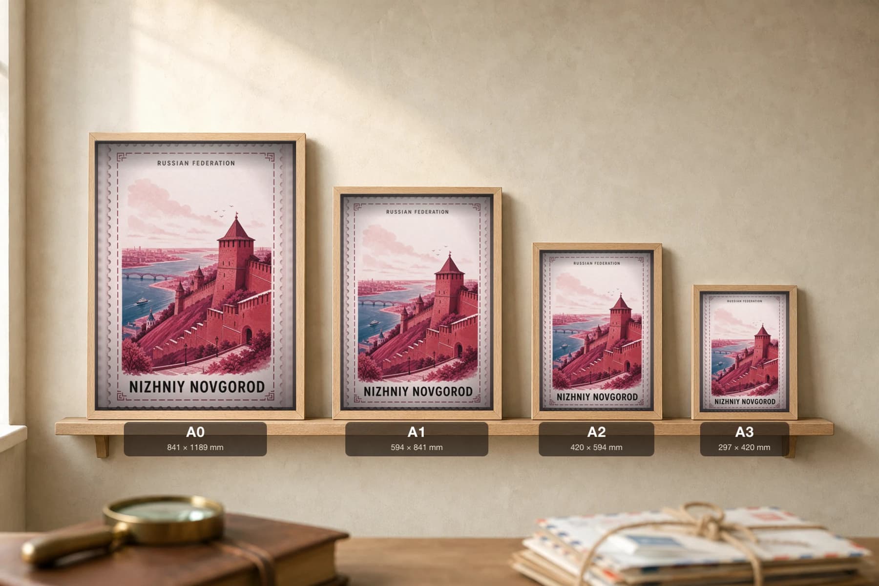 Nizhniy Novgorod City Stamp Poster — Russian Federation travel wall art · illustrated stamp print · framed A2 — print size guide showing the artwork at A0, A1, A2 and A3 in natural-oak frames at true relative scale