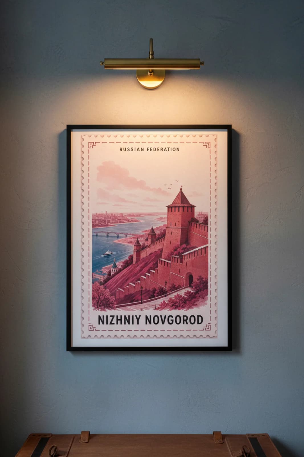 Nizhniy Novgorod city stamp print in black A2 frame on wcs-europe-4927 postage-indigo wall — City Stamps mockup