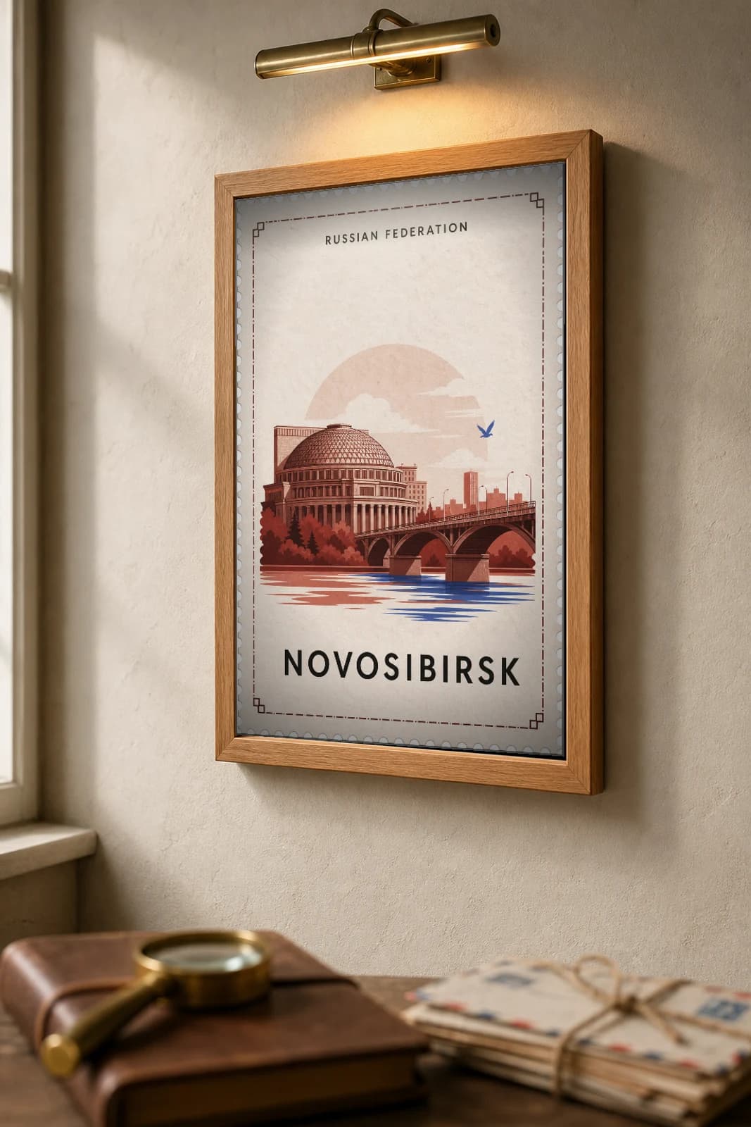 Novosibirsk City Stamp Poster — Russian Federation travel wall art · illustrated stamp print · framed A2 — the framed print shown at a three-quarter angle on a styled gallery wall in a natural-oak frame