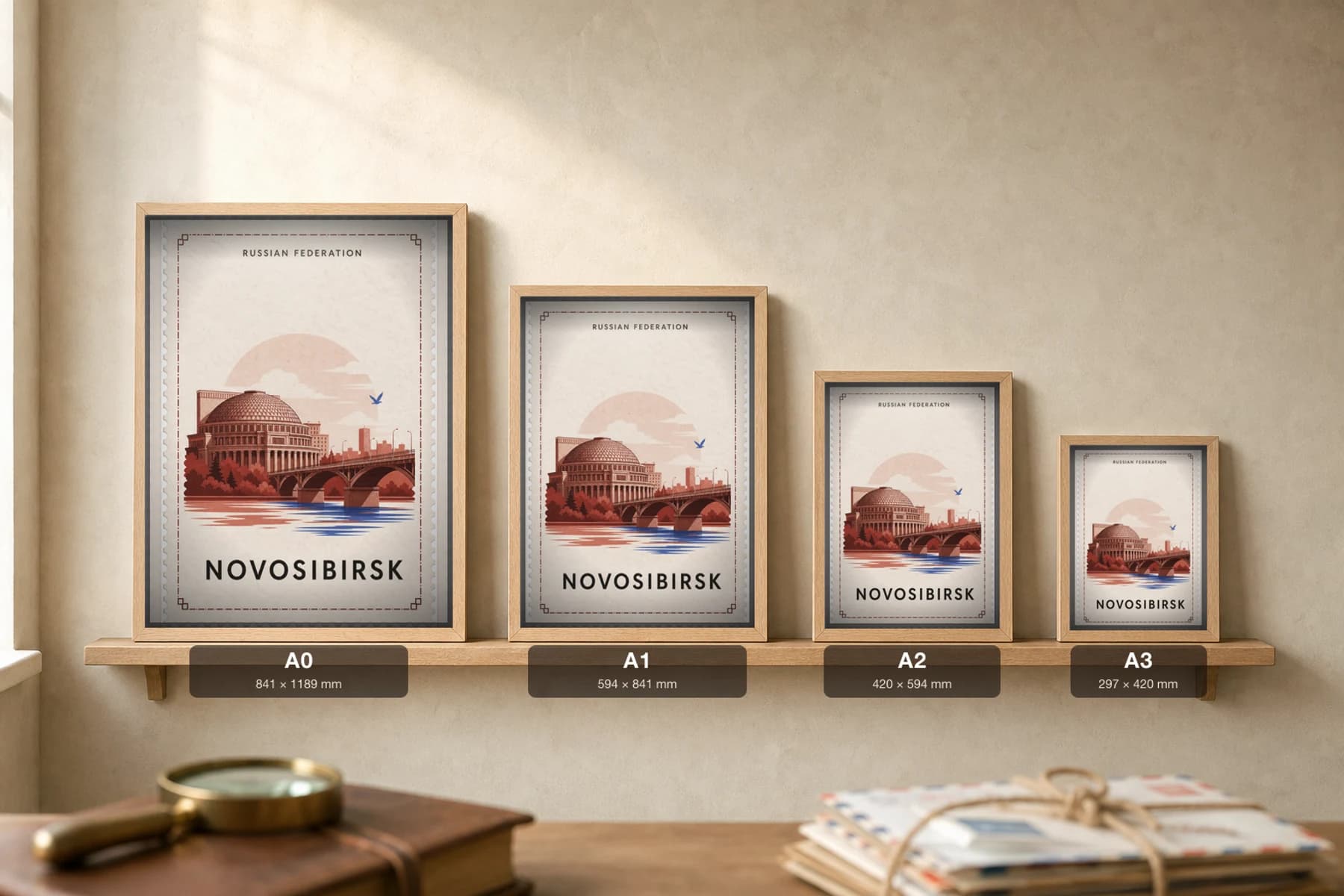 Novosibirsk City Stamp Poster — Russian Federation travel wall art · illustrated stamp print · framed A2 — print size guide showing the artwork at A0, A1, A2 and A3 in natural-oak frames at true relative scale