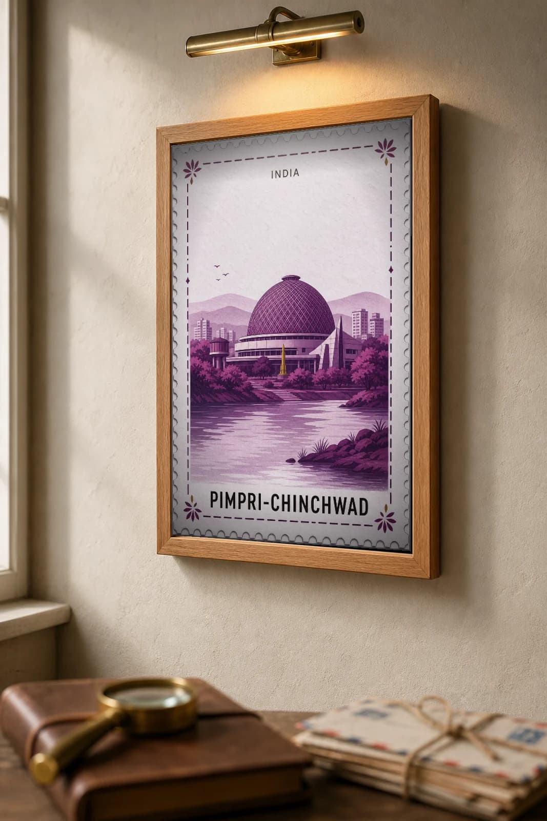 Pimpri-Chinchwad City Stamp Poster — India travel wall art · illustrated stamp print · framed A2 — the framed print shown at a three-quarter angle on a styled gallery wall in a natural-oak frame