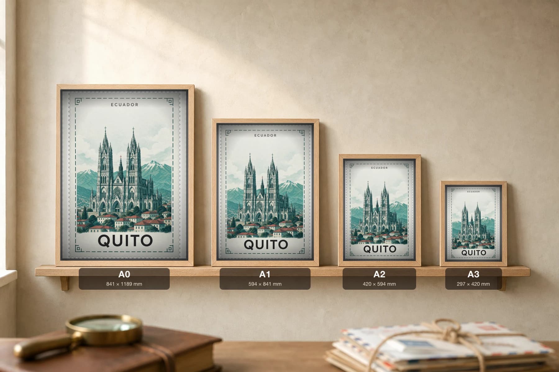 Quito City Stamp Poster — Ecuador travel wall art · illustrated stamp print · framed A2 — print size guide showing the artwork at A0, A1, A2 and A3 in natural-oak frames at true relative scale