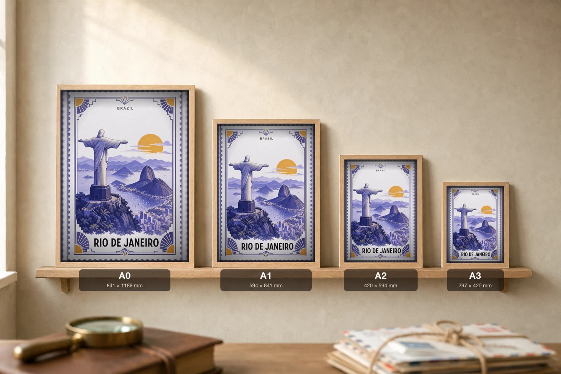 Rio De Janeiro City Stamp Poster — Brazil travel wall art · illustrated stamp print · framed A2 — print size guide showing the artwork at A0, A1, A2 and A3 in natural-oak frames at true relative scale
