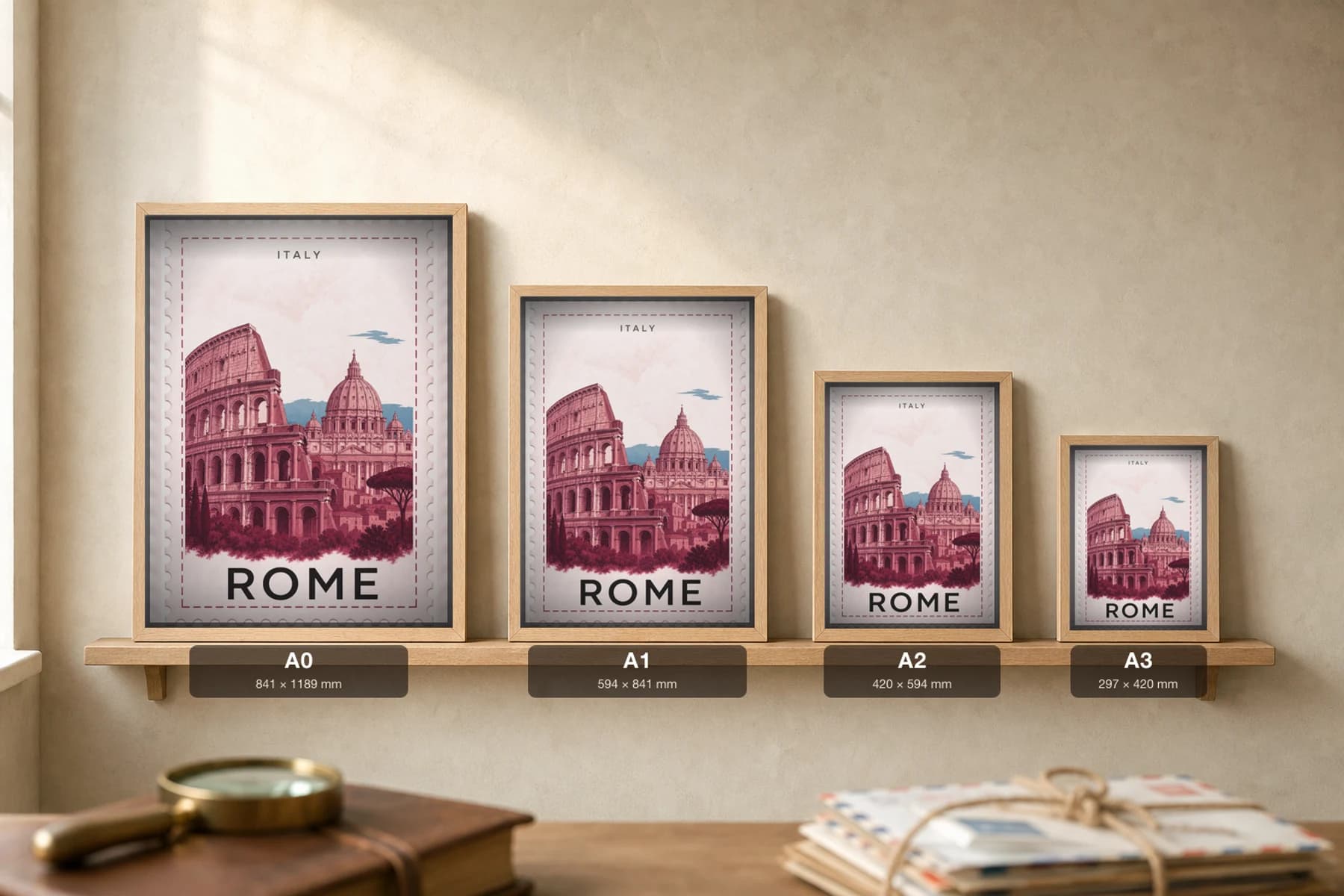 Rome City Stamp Poster — Italy travel wall art · illustrated stamp print · framed A2 — print size guide showing the artwork at A0, A1, A2 and A3 in natural-oak frames at true relative scale