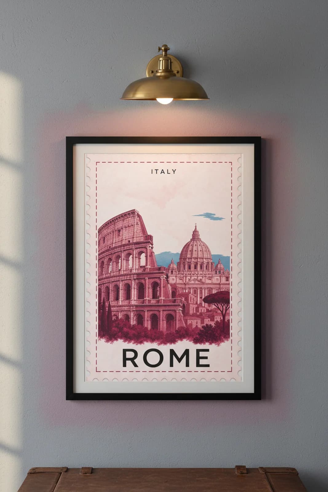 Rome city stamp print in black A2 frame on wcs-europe-7264 postage-indigo wall — City Stamps mockup