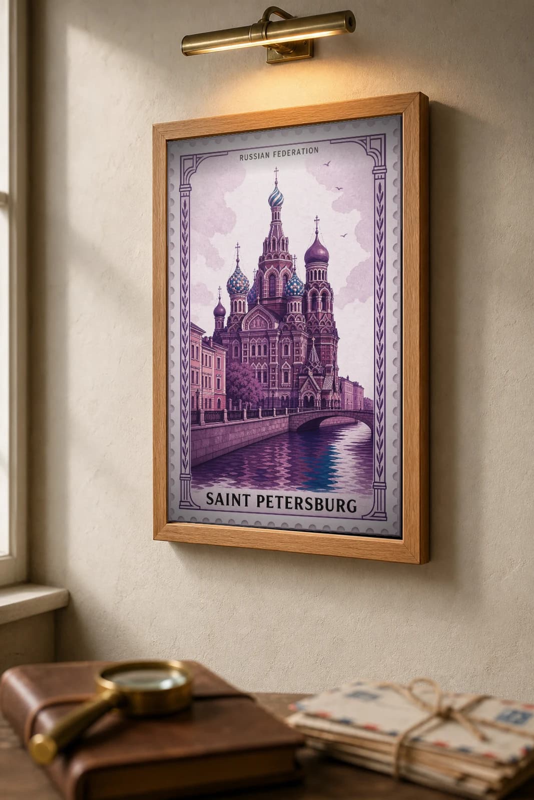 Saint Petersburg City Stamp Poster — Russian Federation travel wall art · illustrated stamp print · framed A2 — the framed print shown at a three-quarter angle on a styled gallery wall in a natural-oak frame
