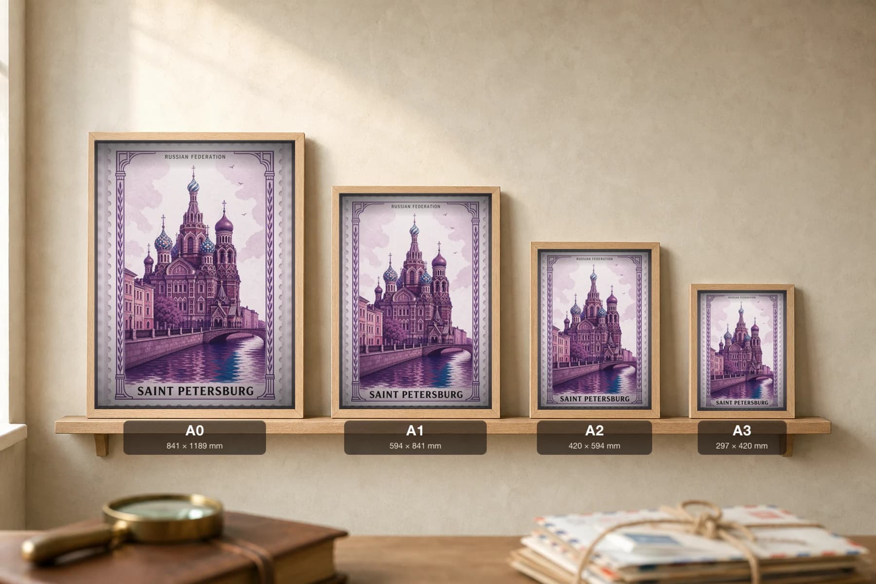 Saint Petersburg City Stamp Poster — Russian Federation travel wall art · illustrated stamp print · framed A2 — print size guide showing the artwork at A0, A1, A2 and A3 in natural-oak frames at true relative scale
